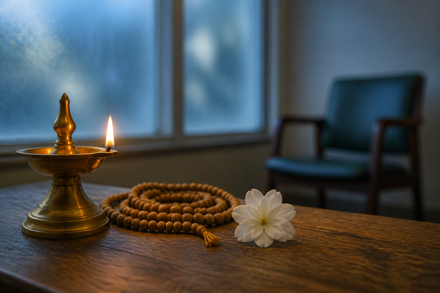 A lit brass oil lamp, prayer beads, and a white flower rest beside a frosted hospital window and an empty chair.
