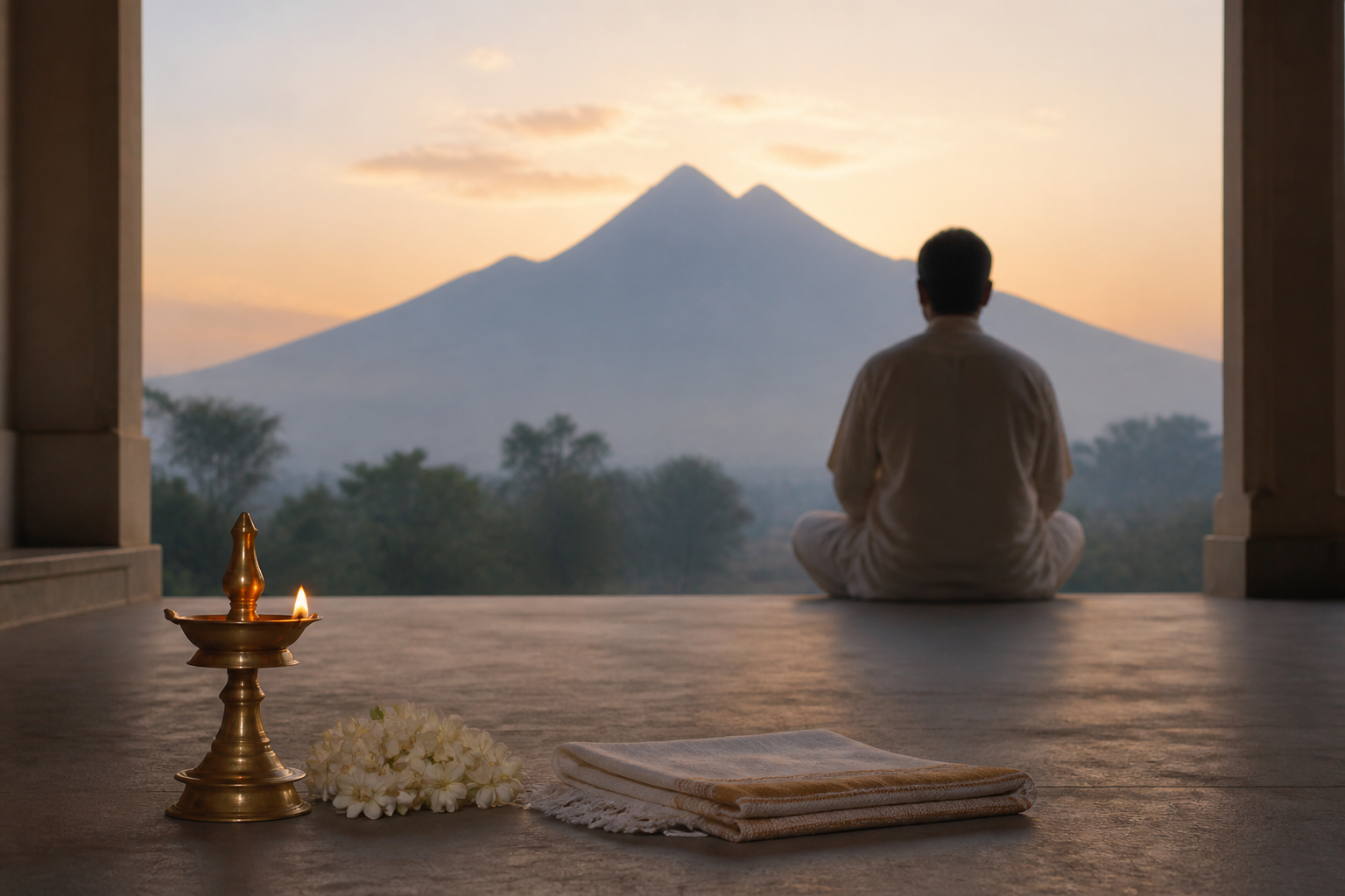 A devotee meditates beside a glowing brass lamp and jasmine flowers as Arunachala appears in the distance at dawn.