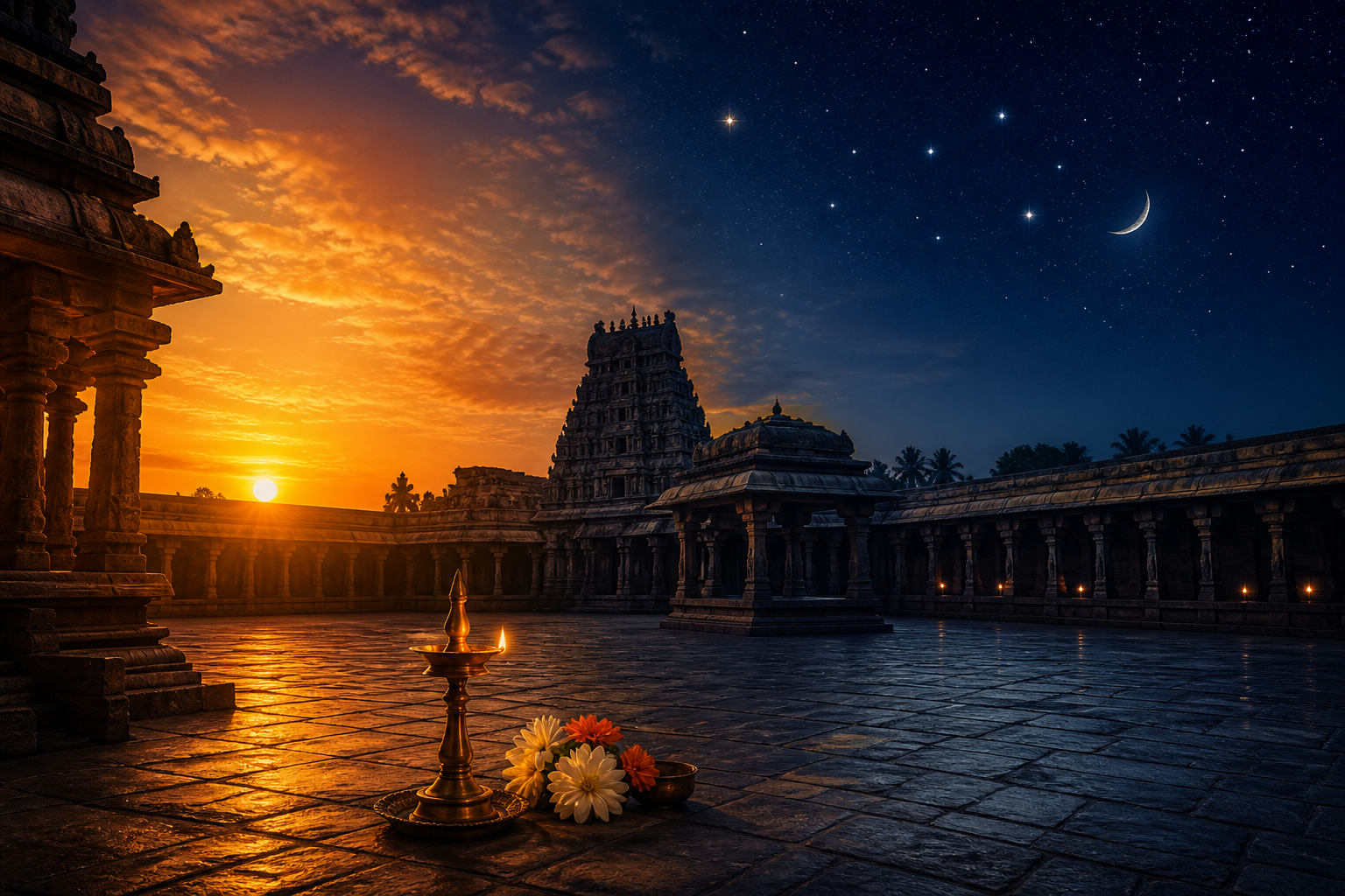 A temple courtyard transitions from golden sunlight to a star-filled night, symbolizing solar and lunar ways of marking an anniversary.