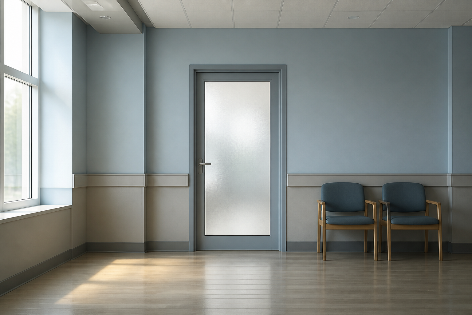 Two empty chairs face a closed frosted-glass door in a quiet hospital waiting area.