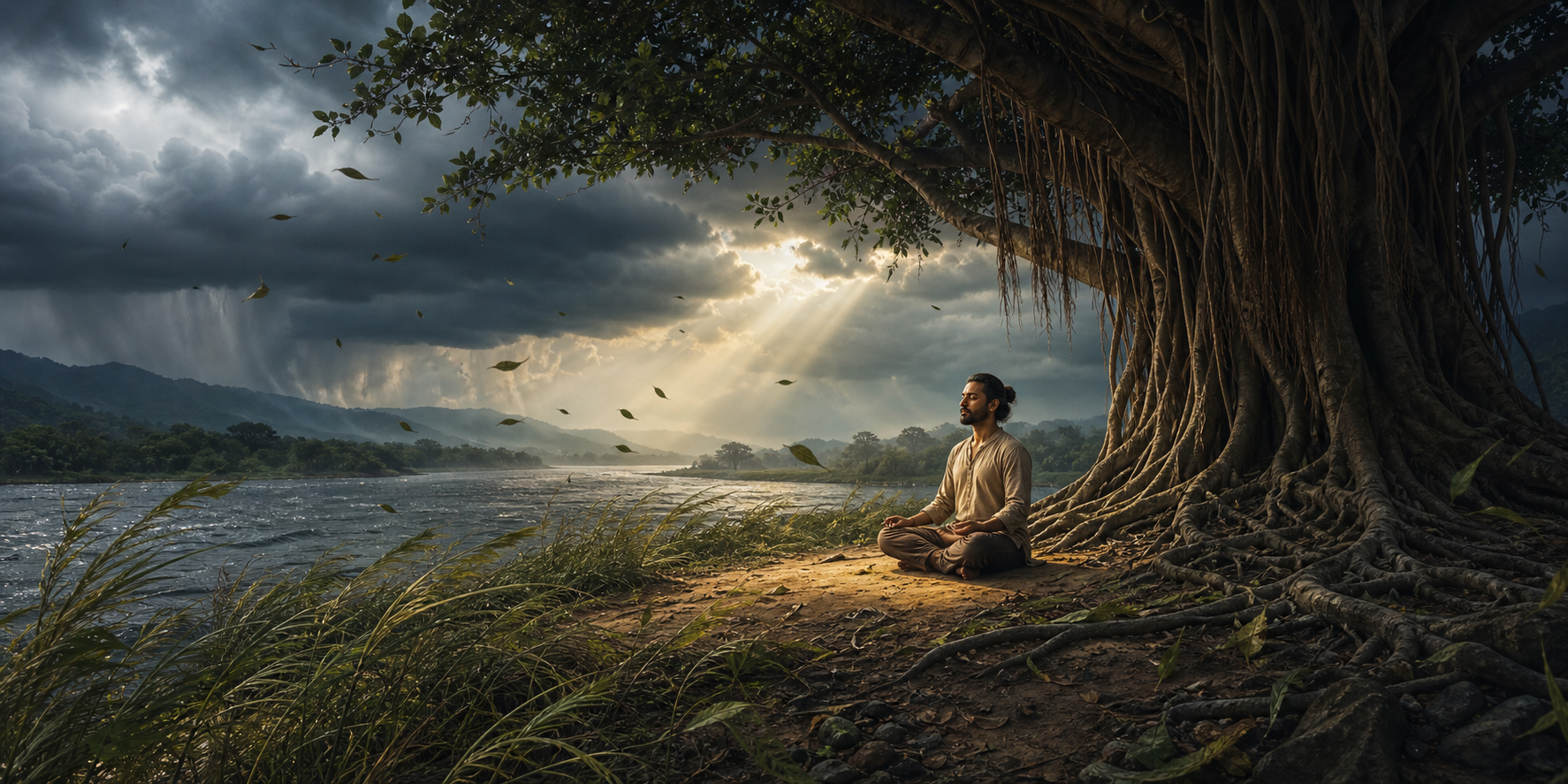 A calm meditator sits beneath a rooted banyan tree while monsoon clouds and wind move across the landscape.