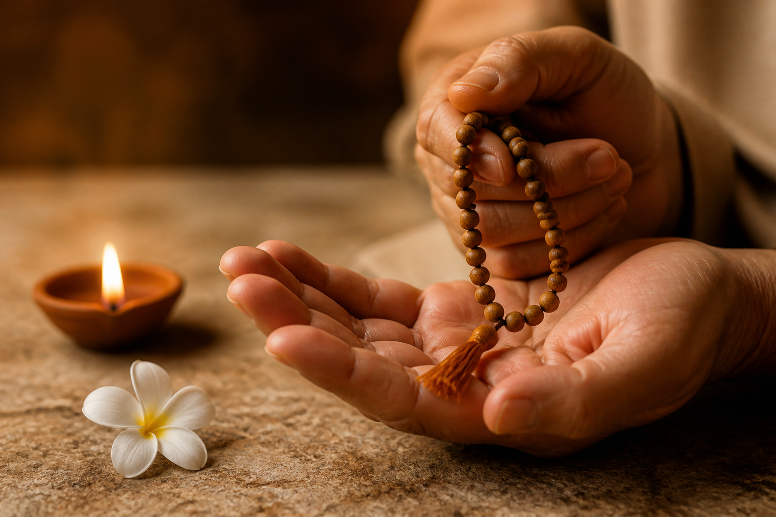 Anonymous hands hold wooden prayer beads near a small oil lamp and a white flower.