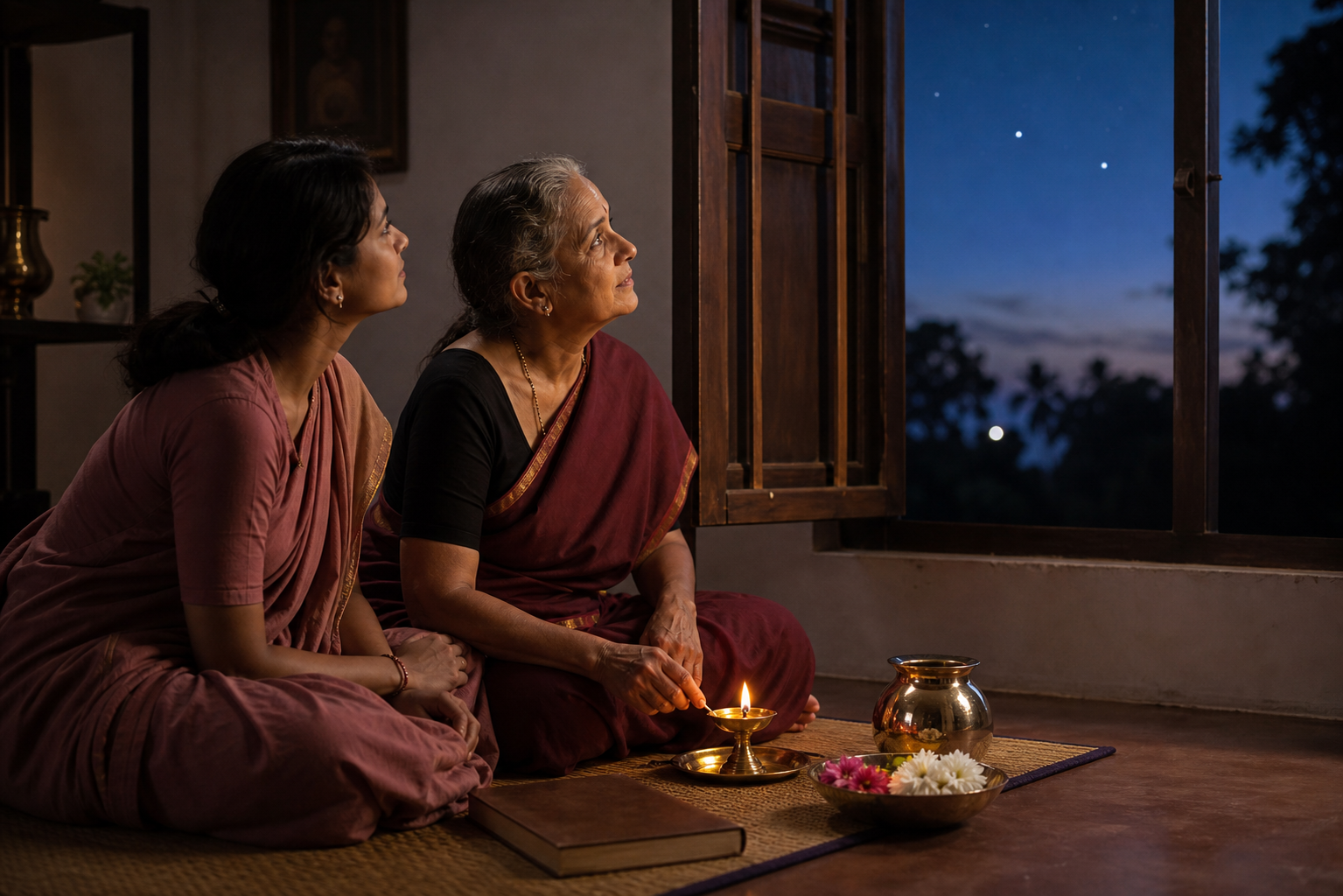 Two people prepare a home observance beside a lamp and flowers while looking toward the evening sky.