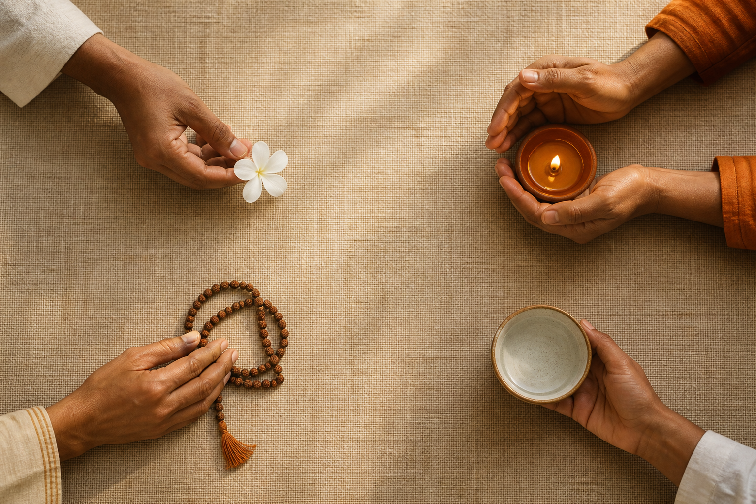 Several anonymous hands arrange a flower, an oil lamp, prayer beads, and a bowl of water in separate spaces around an open center.
