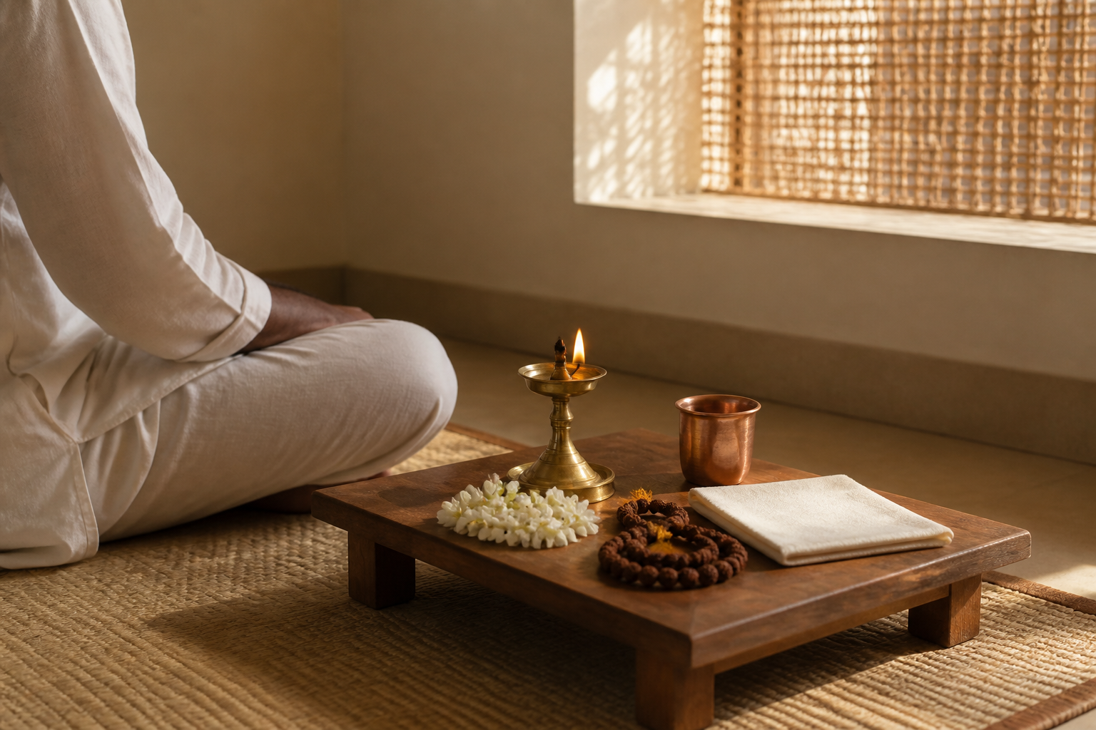 A devotee sits in meditation beside a simple home shrine with an oil lamp, flowers, water cup, and prayer beads.