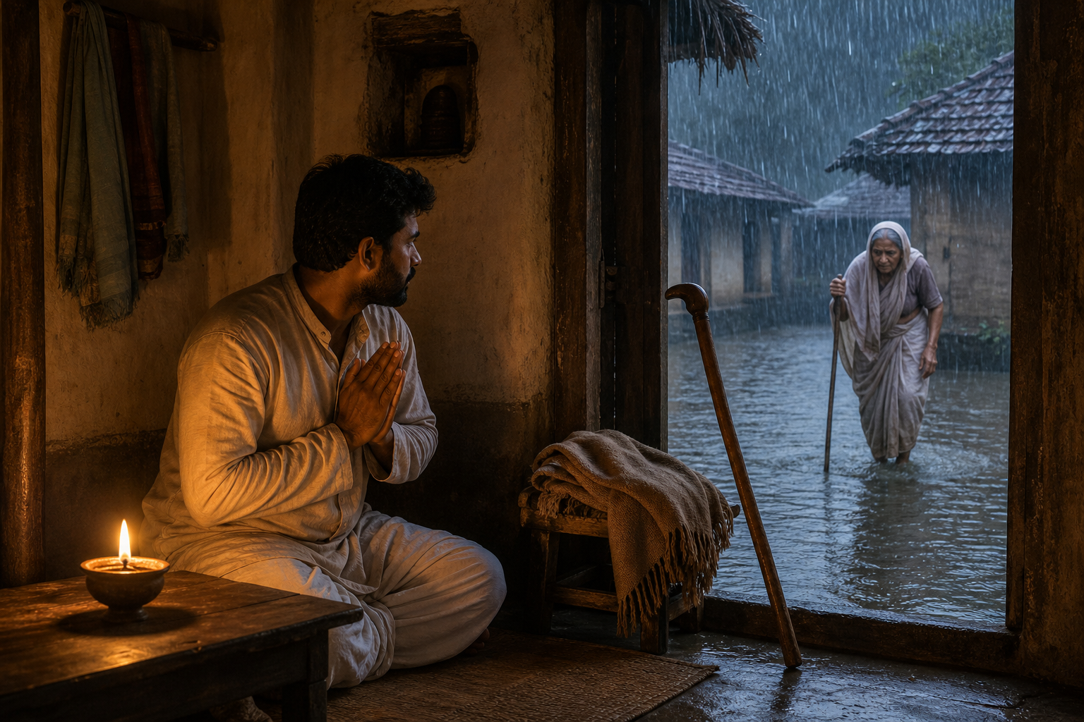 An adult pauses beside an oil lamp before carrying a shawl and walking staff to help an elderly neighbor in the rain.