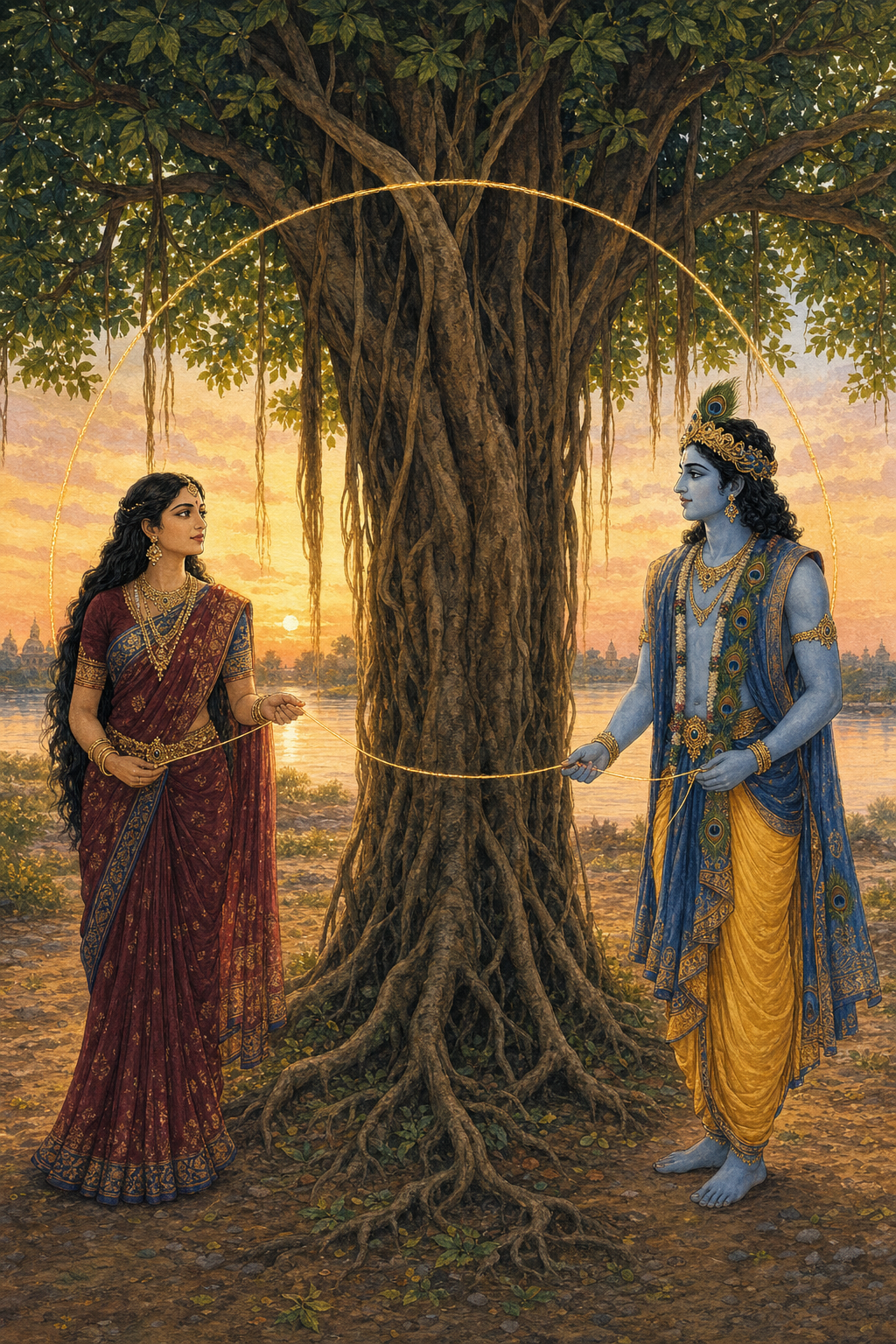 Draupadi and Krishna hold opposite ends of a golden thread that circles a banyan tree and forms an arc above them.
