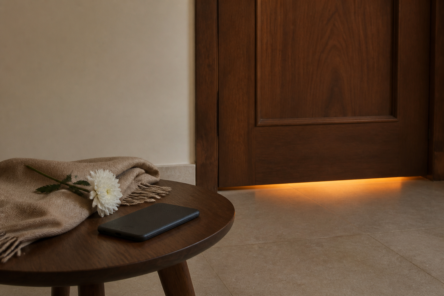 A face-down smartphone rests beside a folded shawl and white flower outside a closed wooden door.