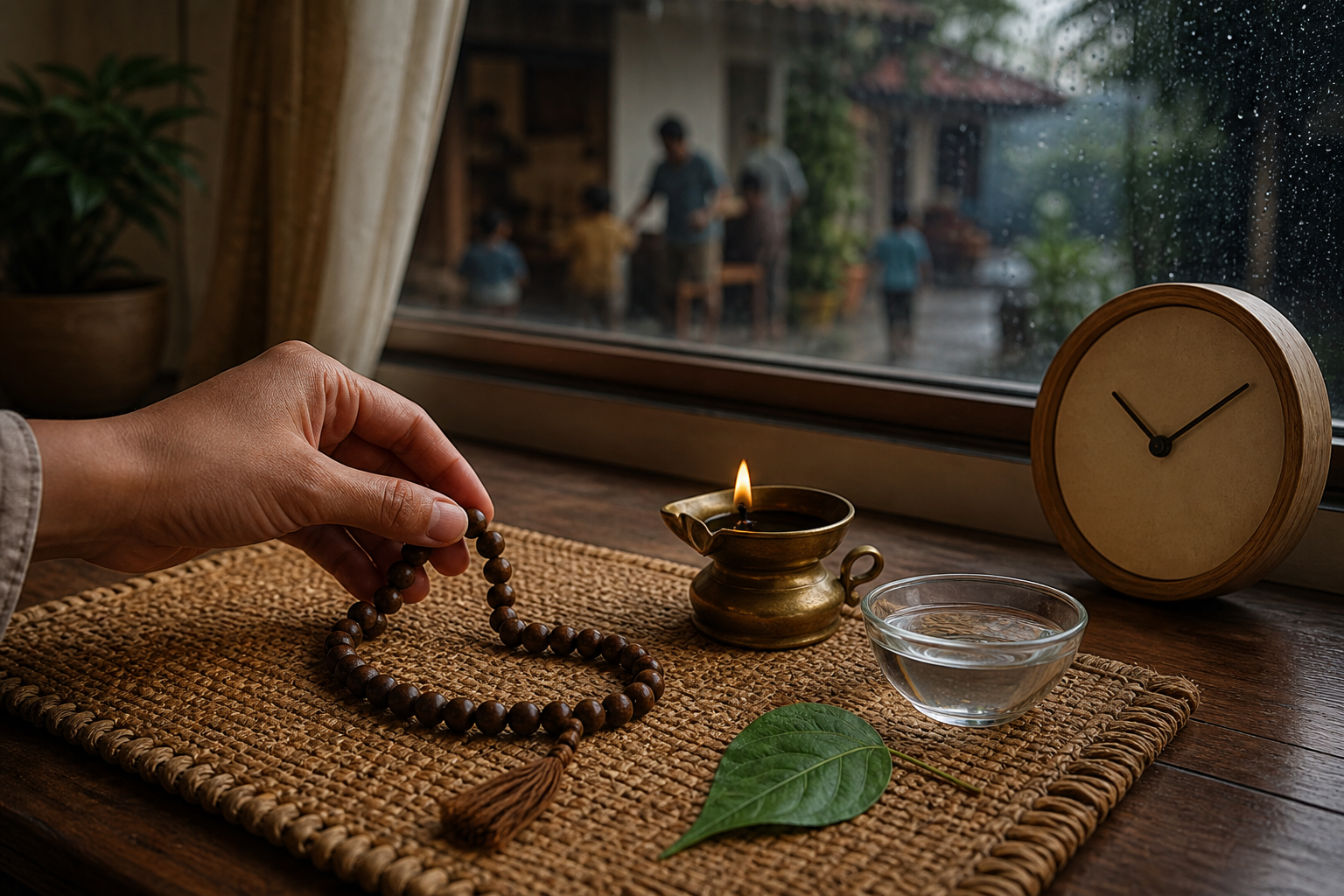 A hand reaches for wooden prayer beads in a simple home practice space beside an oil lamp, water bowl, and woven mat.