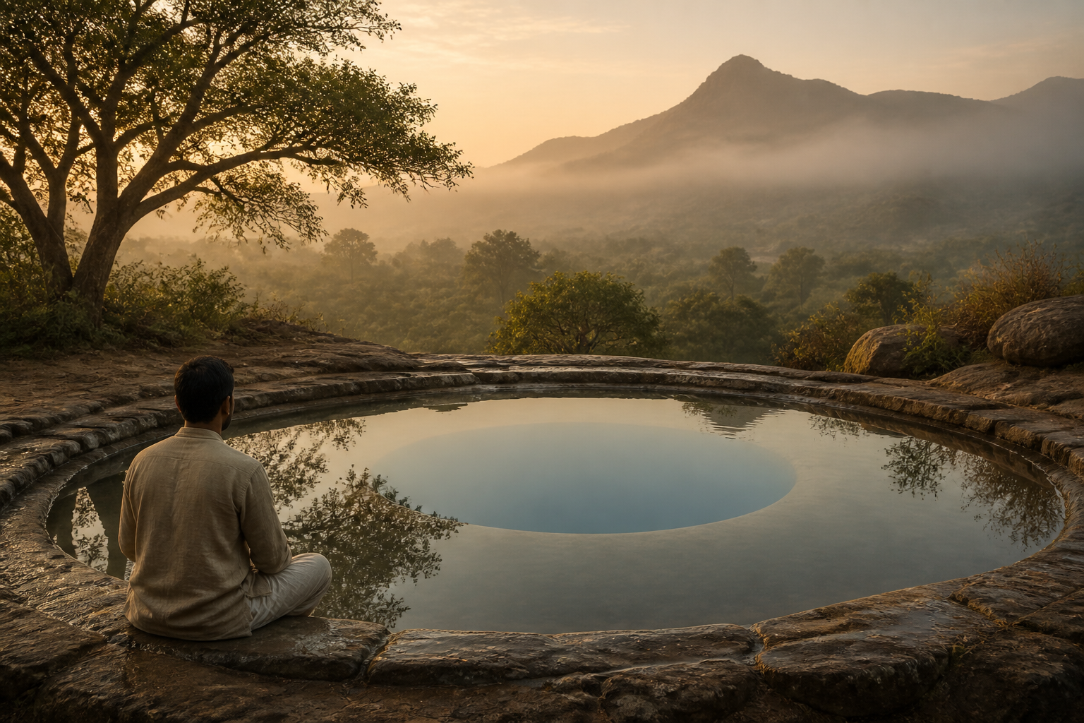 A solitary meditator sits beside a still pool reflecting the surrounding trees and dawn sky.