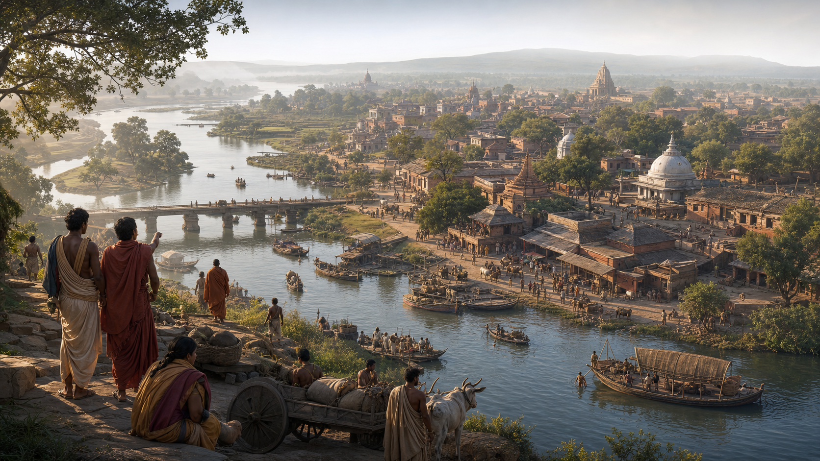 Historical illustration of ancient Vidisha beside two rivers, with boats, markets, homes, sacred buildings, and distant hills in morning light.
