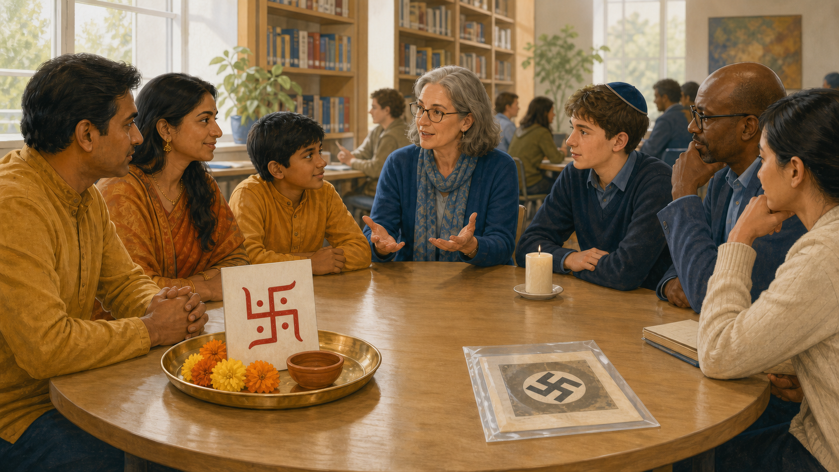 Students, parents, and educators discuss separate displays of a Dharmic puja tray and an archival Nazi Hakenkreuz image in a school library.