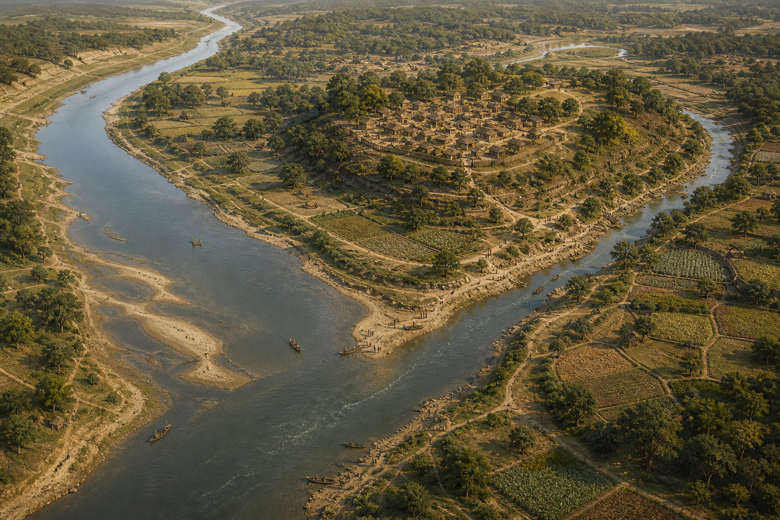 Oblique landscape reconstruction showing two rivers meeting beside elevated settlement ground, fields, trees, paths, and small boats.