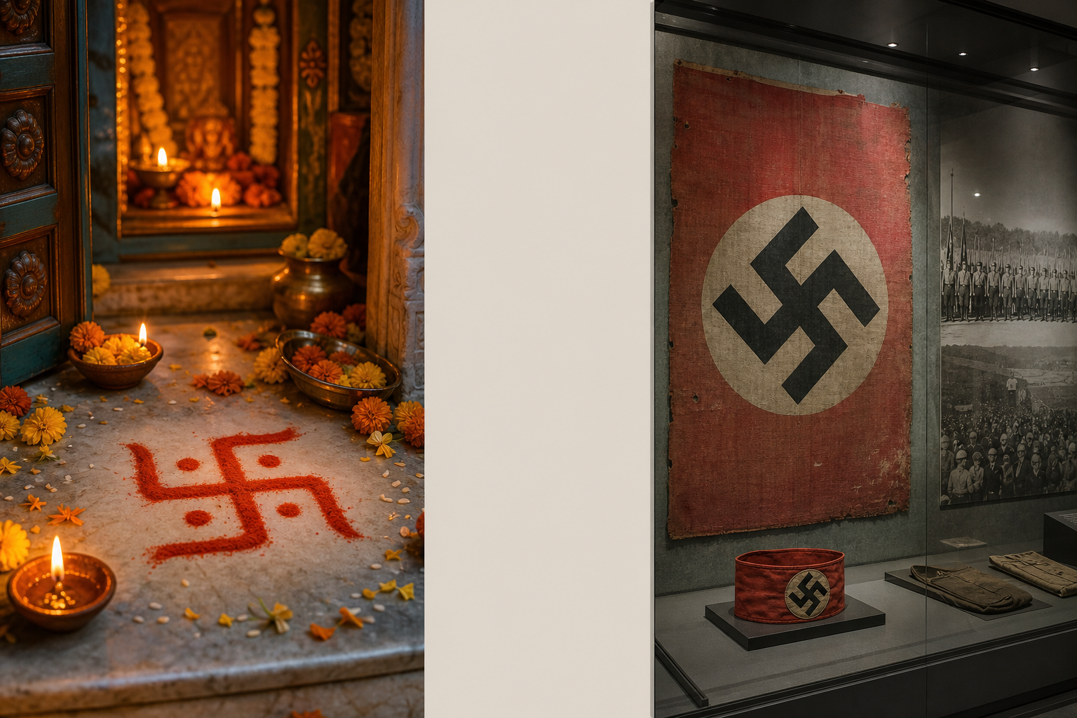 A warm Dharmic festival shrine with an upright red swastika is contrasted with a separate museum display containing a diagonal Nazi Hakenkreuz.