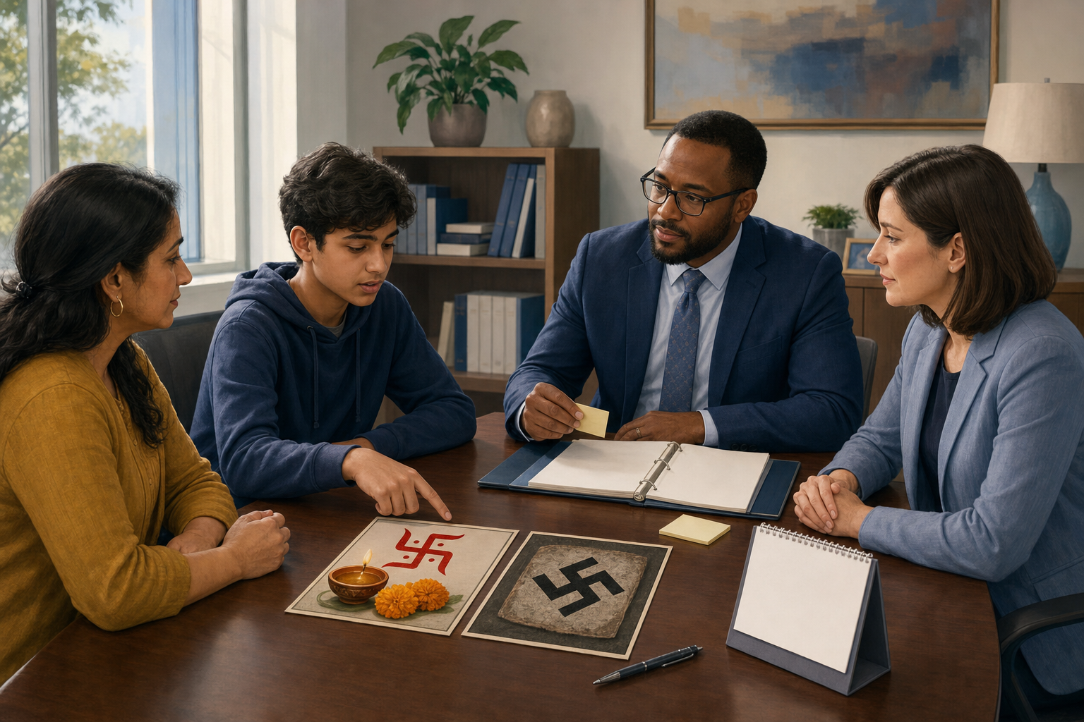 A parent and student meet with two school administrators and point to separate visual references for a sacred swastika and a historical Hakenkreuz.