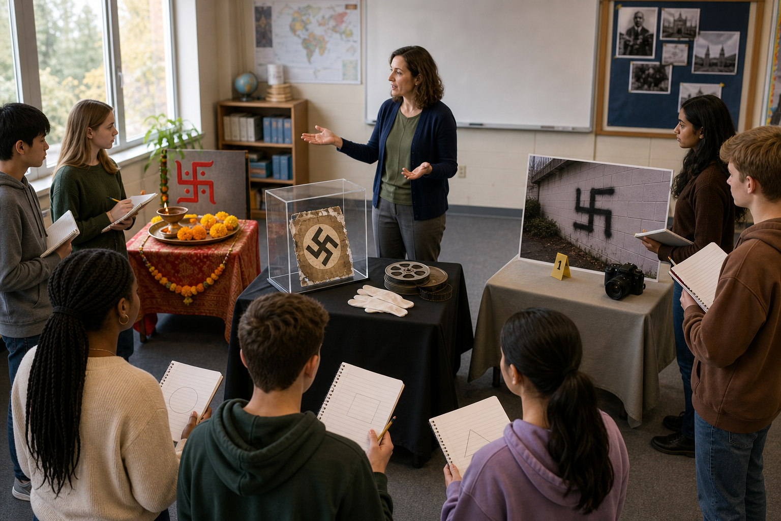A teacher and students examine separate classroom stations for a Dharmic ritual symbol, a Nazi archival artifact, and hooked-cross graffiti on a school wall.