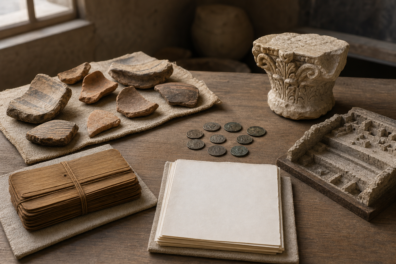 Still life of pottery fragments, coins, carved stone, a closed manuscript bundle, blank papers, and an archaeological model arranged as different kinds of evidence.