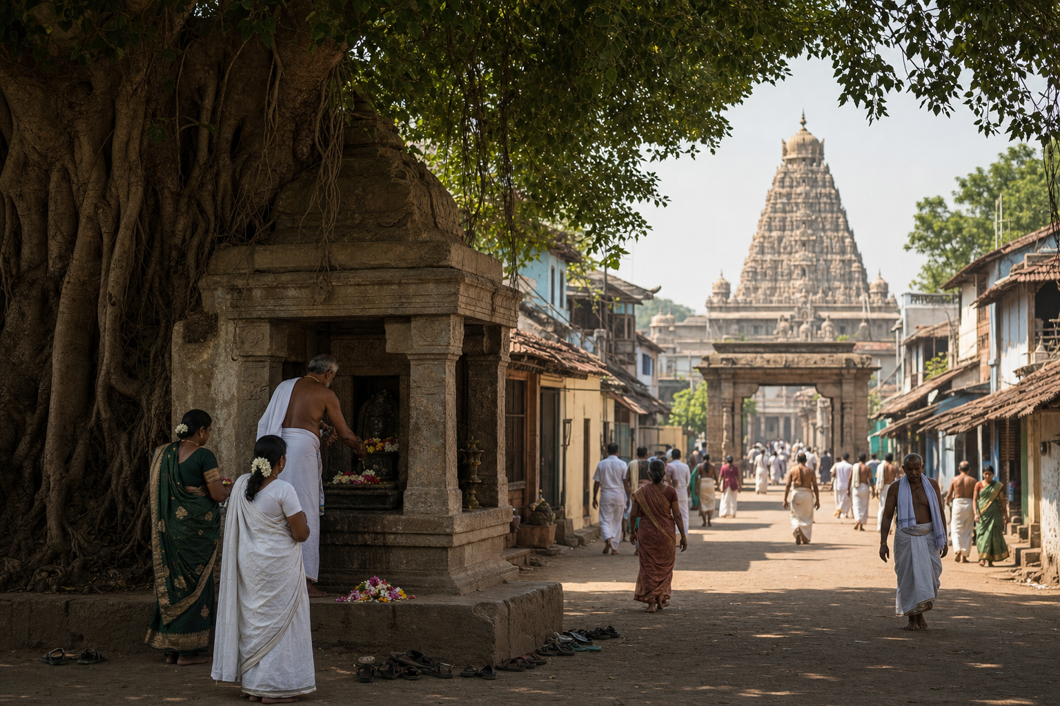 Pilgrims stop at a small shrine beneath a banyan tree before following a processional street toward a larger South Indian temple complex.