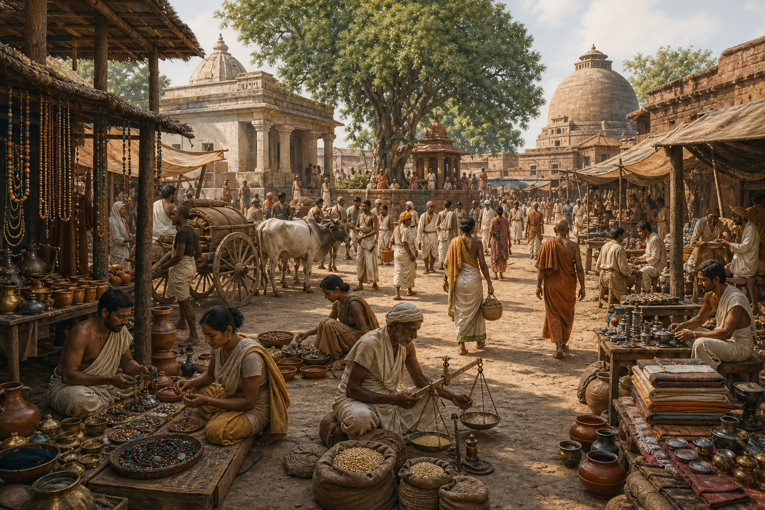 Reconstructed ancient marketplace with merchants, artisans, householders, mendicants, monastic figures, and several forms of sacred architecture sharing one cityscape.