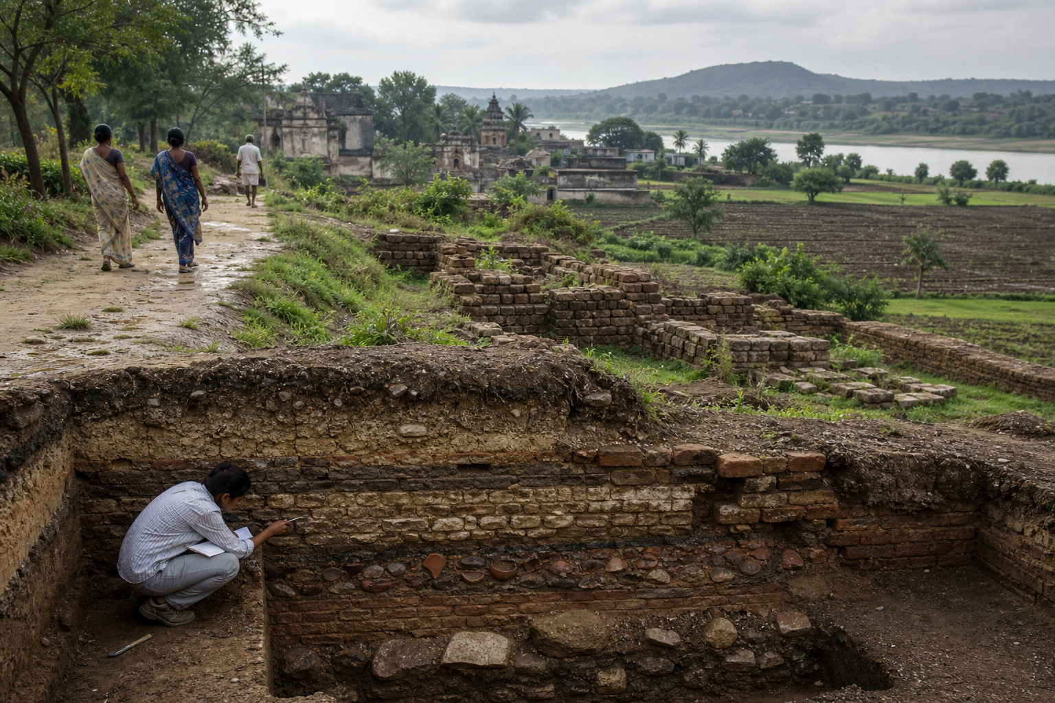 Archaeological trench with layered brick and soil beside cultivated land, a footpath, local residents, a river plain, and distant hills.