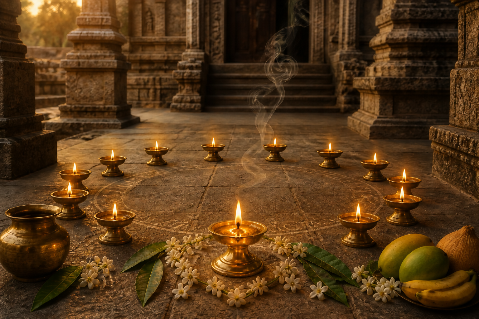 Twelve brass oil lamps arranged in a circle with jasmine, mango leaves, fruit, and a water vessel in a South Indian temple courtyard.