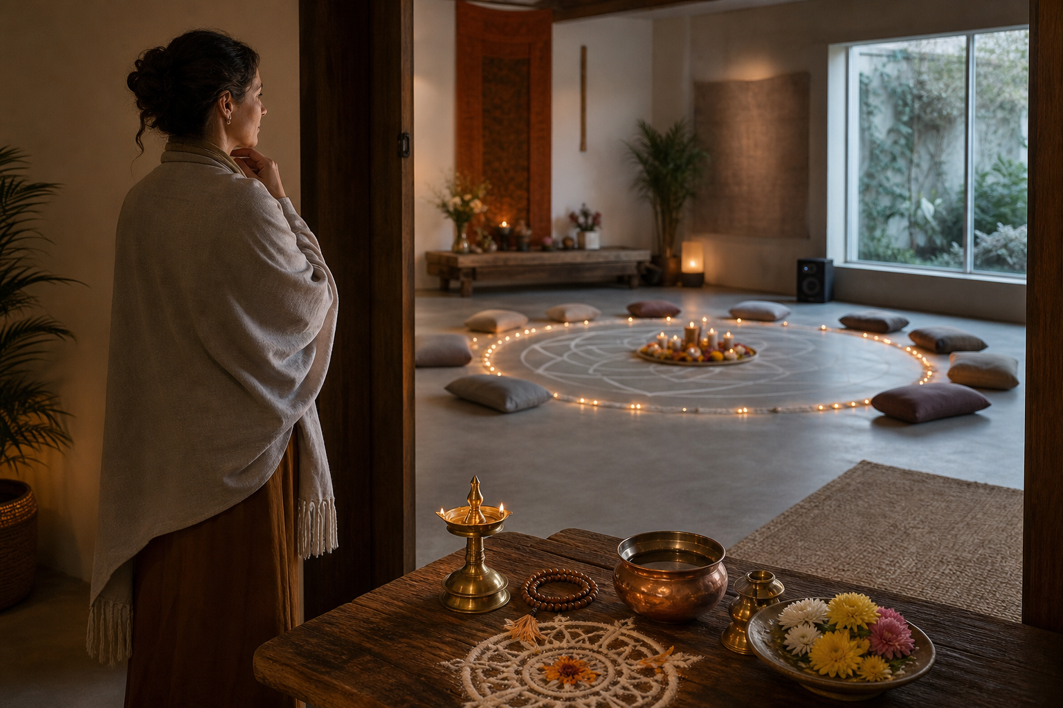 An adult practitioner pauses at the entrance to a contemporary ritual room containing a brass lamp, copper bowl, flowers, beads, meditation cushions, and a geometric floor design.