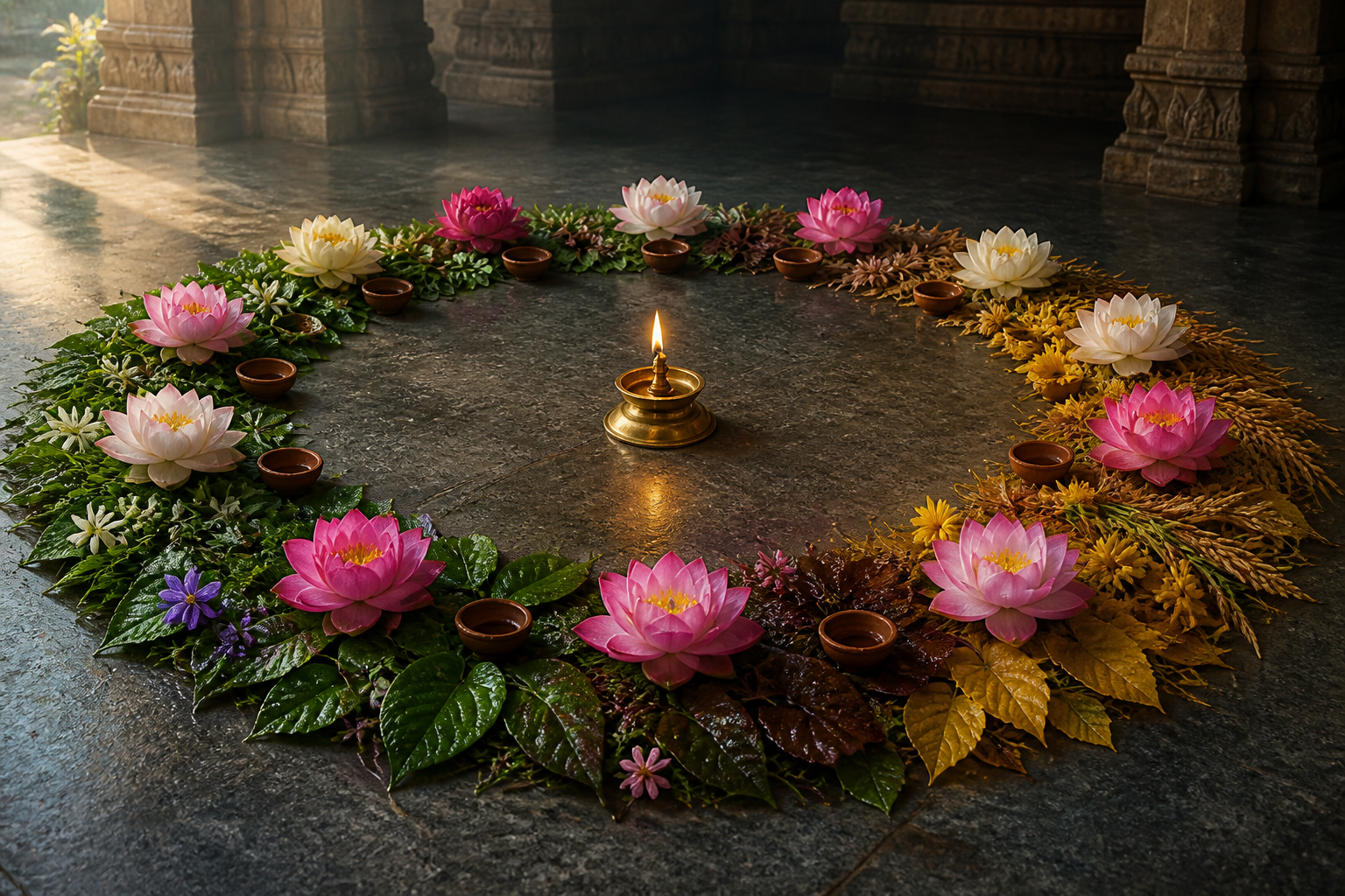 Twelve lotus flowers and clay lamps form a circle around a lit brass lamp on a granite temple floor.