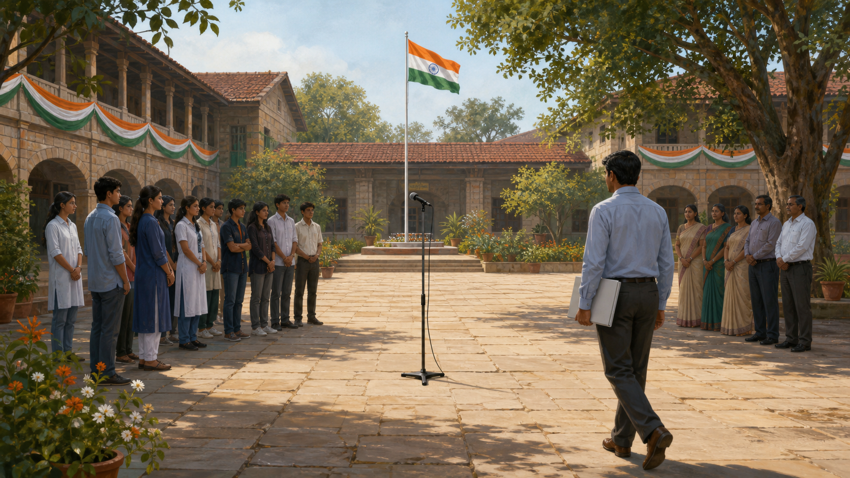 Students, faculty members and an investigator stand near a microphone and an Indian flag in an anonymous college courtyard decorated for Independence Day.