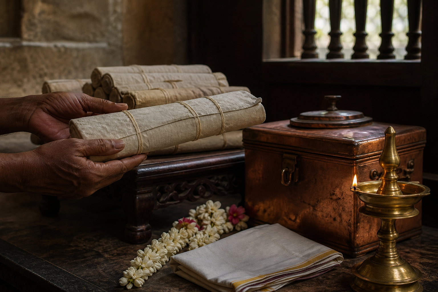 A pair of hands supports a wrapped palm-leaf manuscript bundle beside a brass lamp and ritual objects in a temple library.