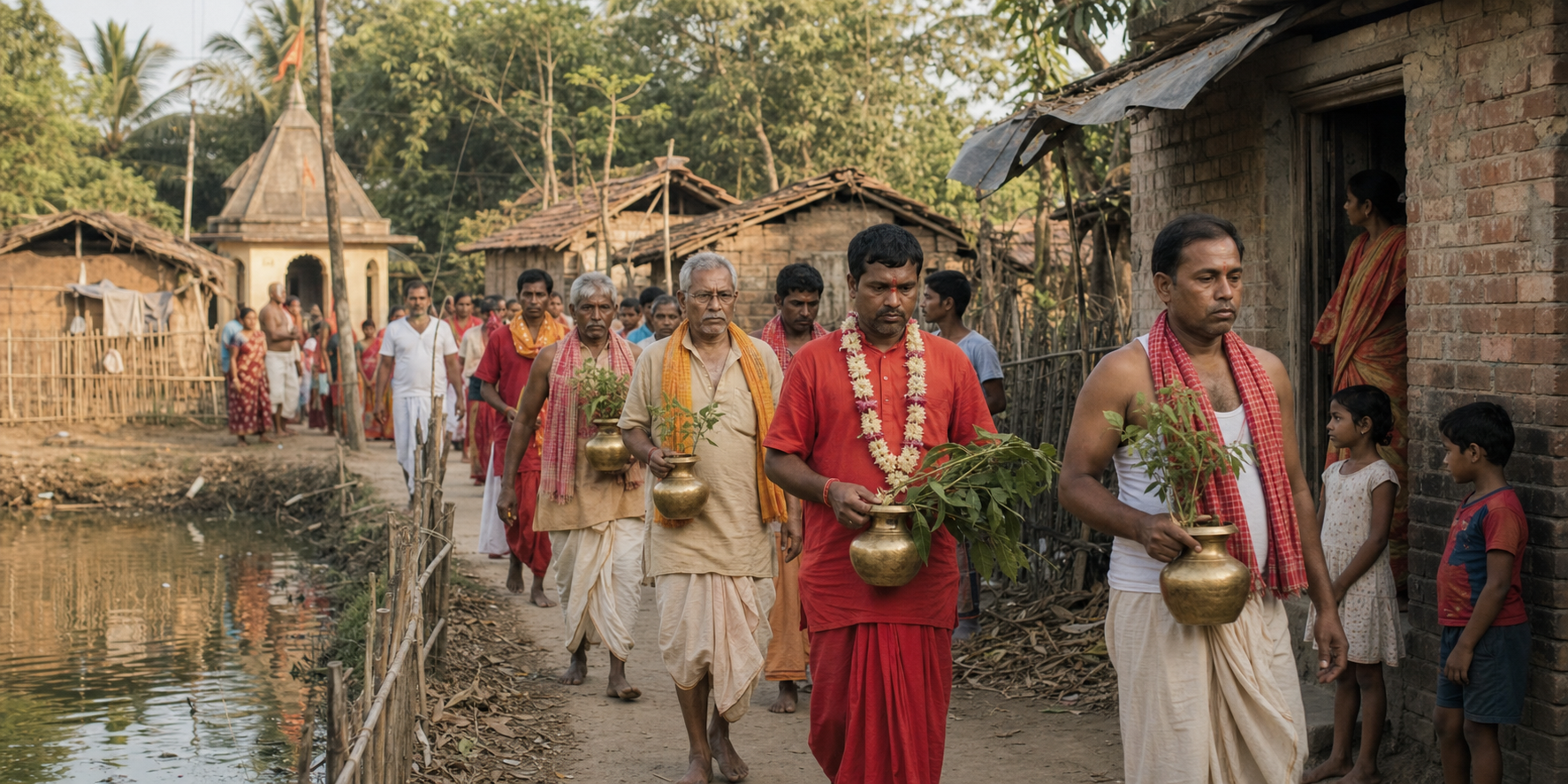 Gajan devotees and village residents join a procession along an earthen lane toward a small Shiva shrine in rural Bengal.