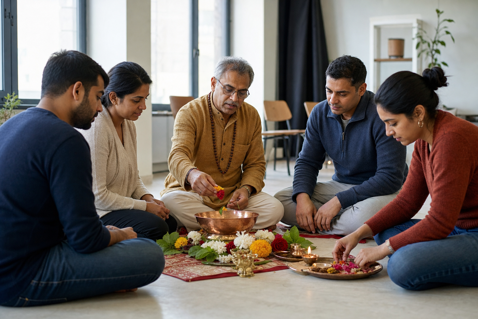 A ritual facilitator and four adult practitioners sit in a circle as they prepare flowers, a copper bowl, and a brass lamp in a modern community room.