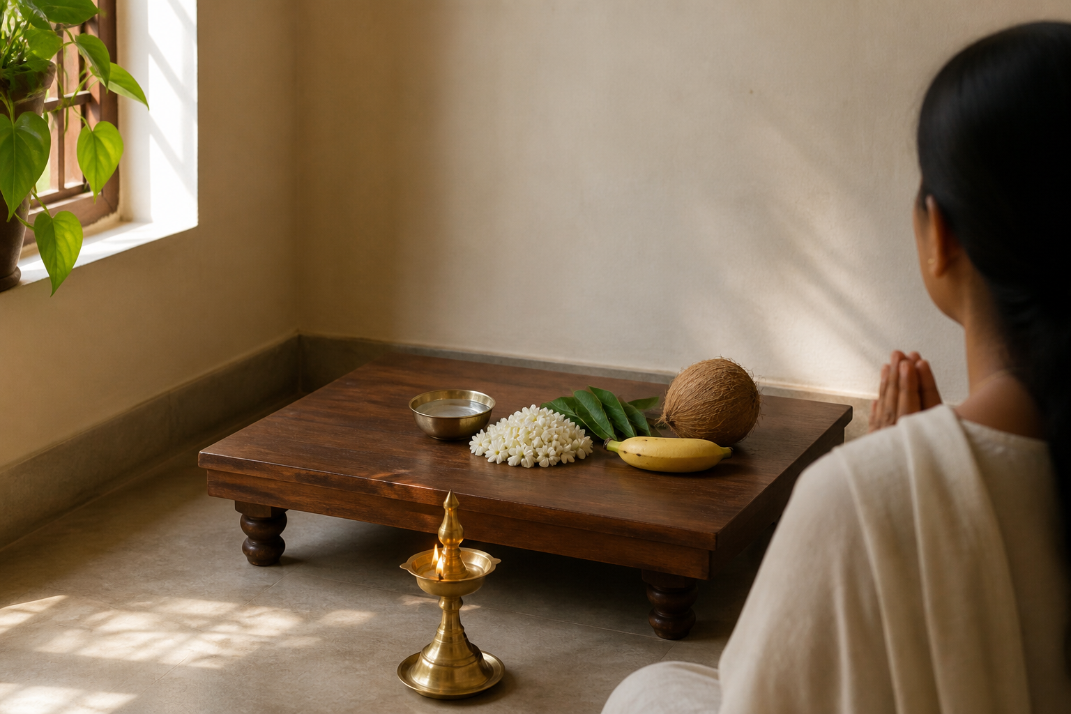 A seated devotee faces a simple prayer alcove with a brass lamp, water, jasmine, mango leaves, banana, and coconut.