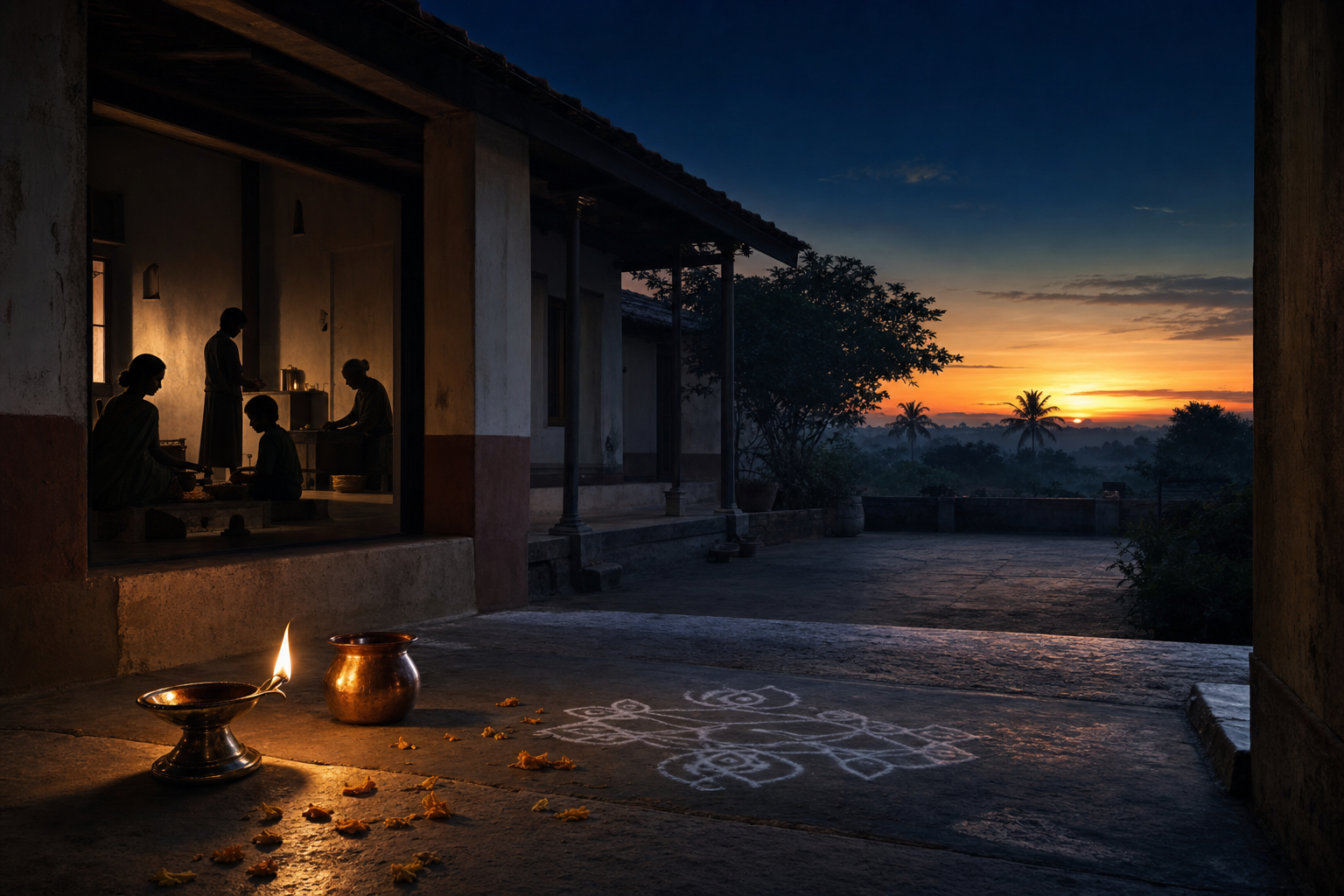 A brass oil lamp and ritual vessels rest at the threshold of an Indian courtyard as a moonless night gives way to dawn.