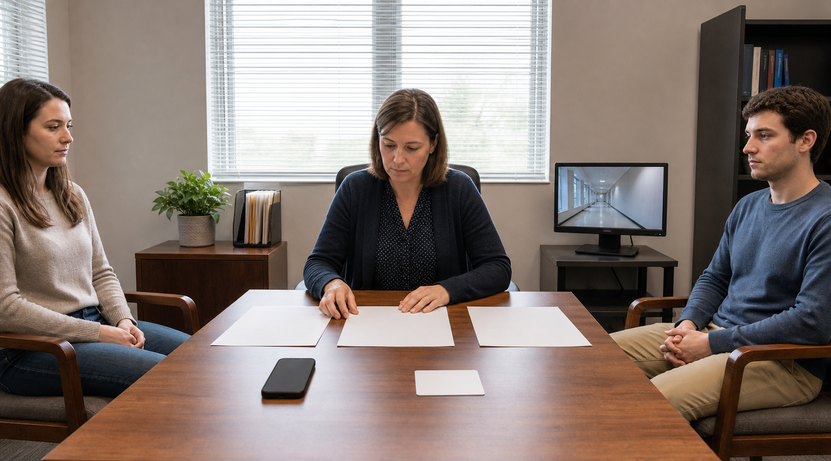An investigator reviews a phone, an unmarked access card, blank papers and corridor footage while two adults wait in a college office.