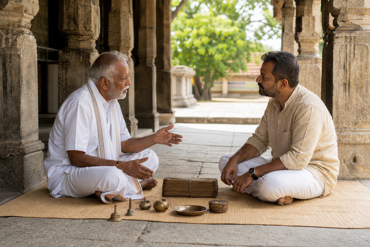 A temple custodian and a visitor sit in conversation beside a closed palm-leaf manuscript bundle in a granite hall.