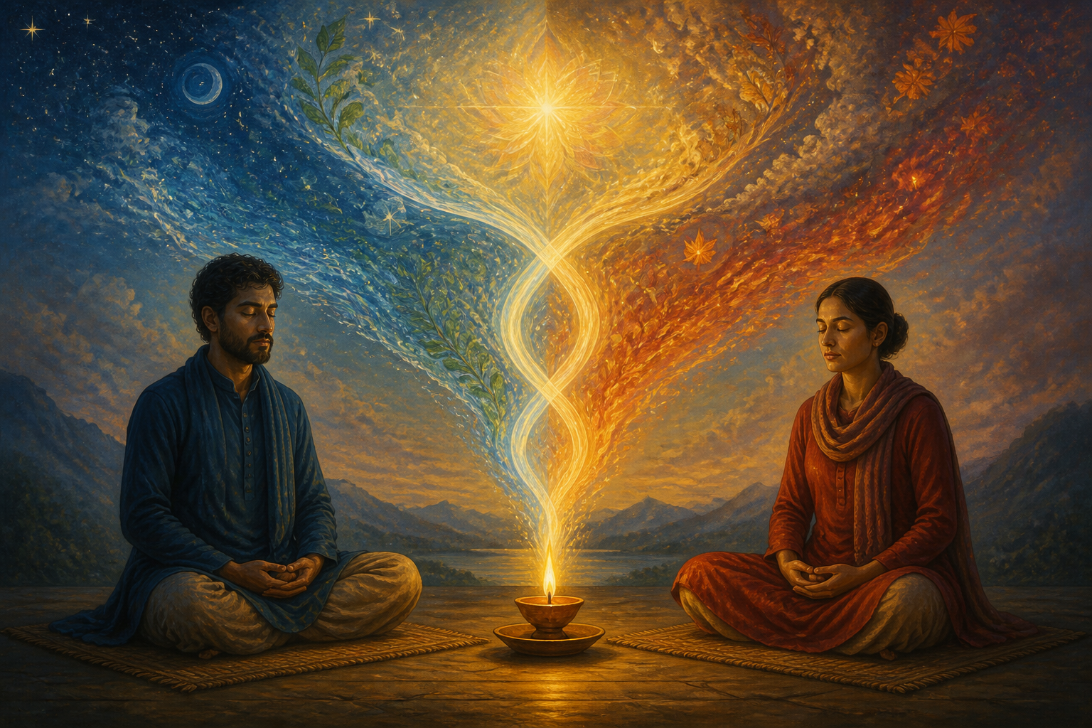 Two fully clothed adults meditate on opposite sides of an oil lamp while intertwined streams of light expand above them into motifs of stars, water, fire, leaves, and sky.