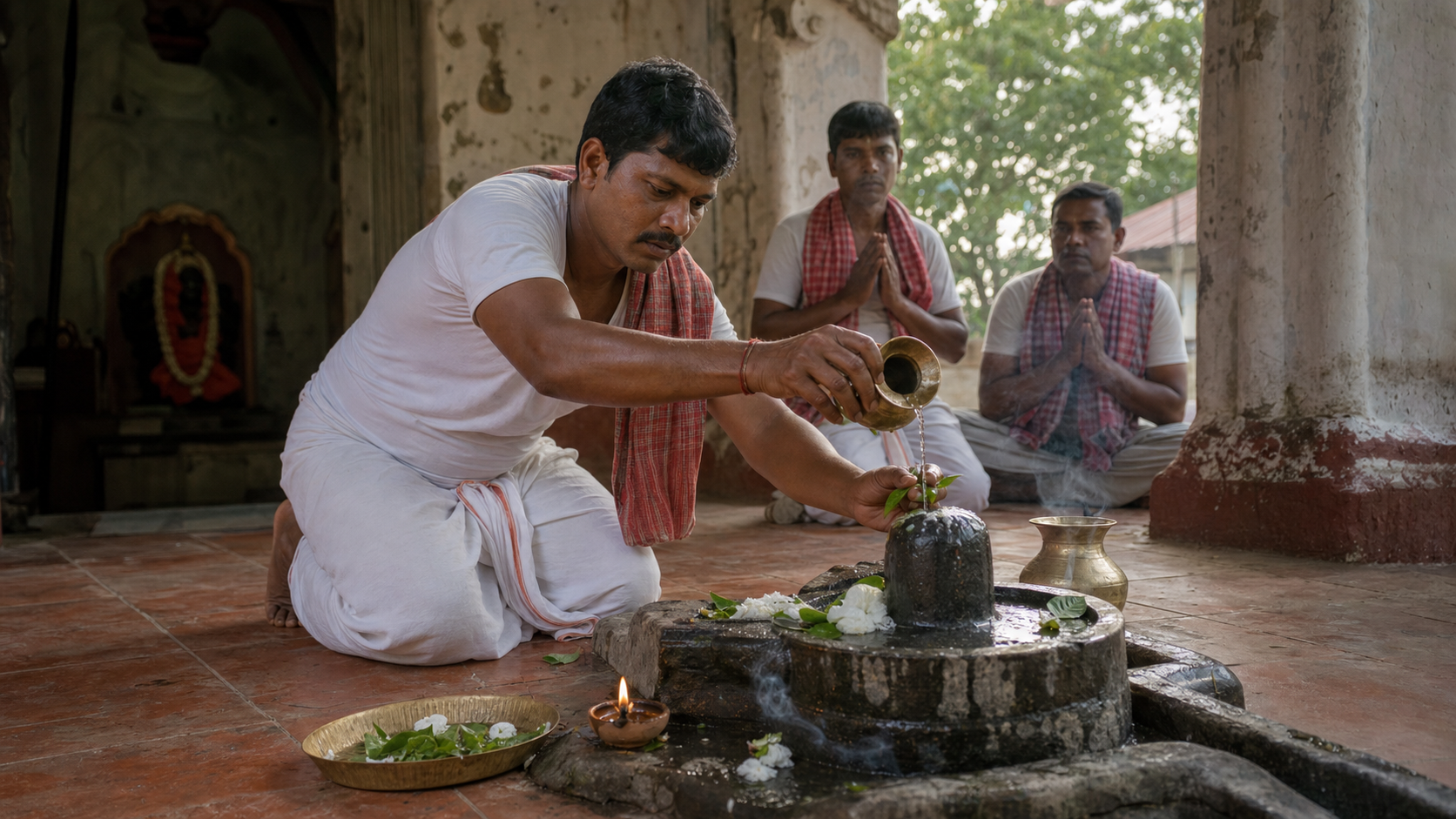 A devotee offers water, bel leaves, and flowers at a small Shiva shrine during Gajan observances.