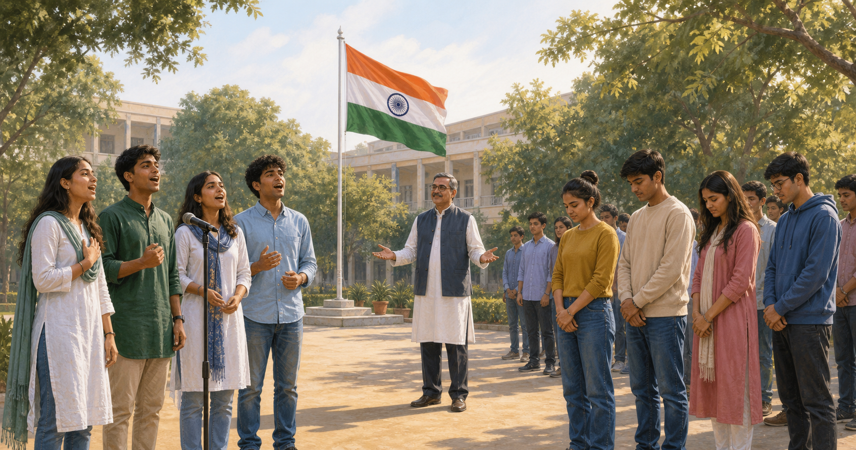 Some students participate near a microphone while other students stand quietly and an educator gives them space during a college flag ceremony.