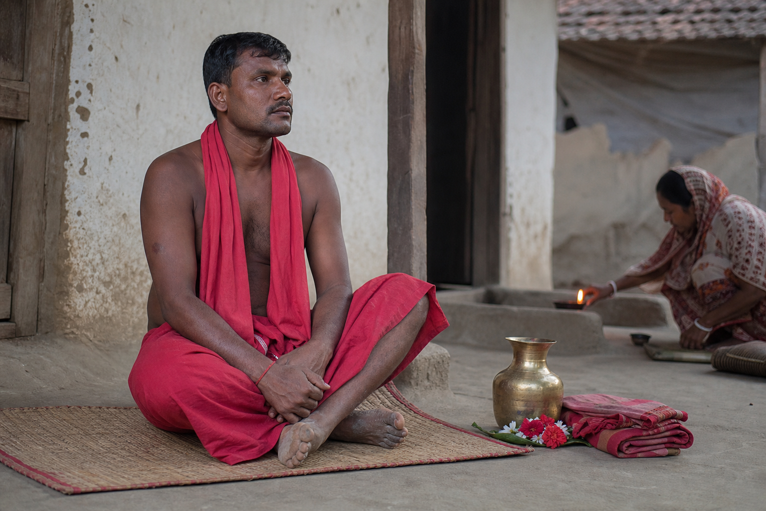 A barefoot Gajan vow-keeper sits quietly on a woven mat beside simple ritual objects in a shaded village courtyard.