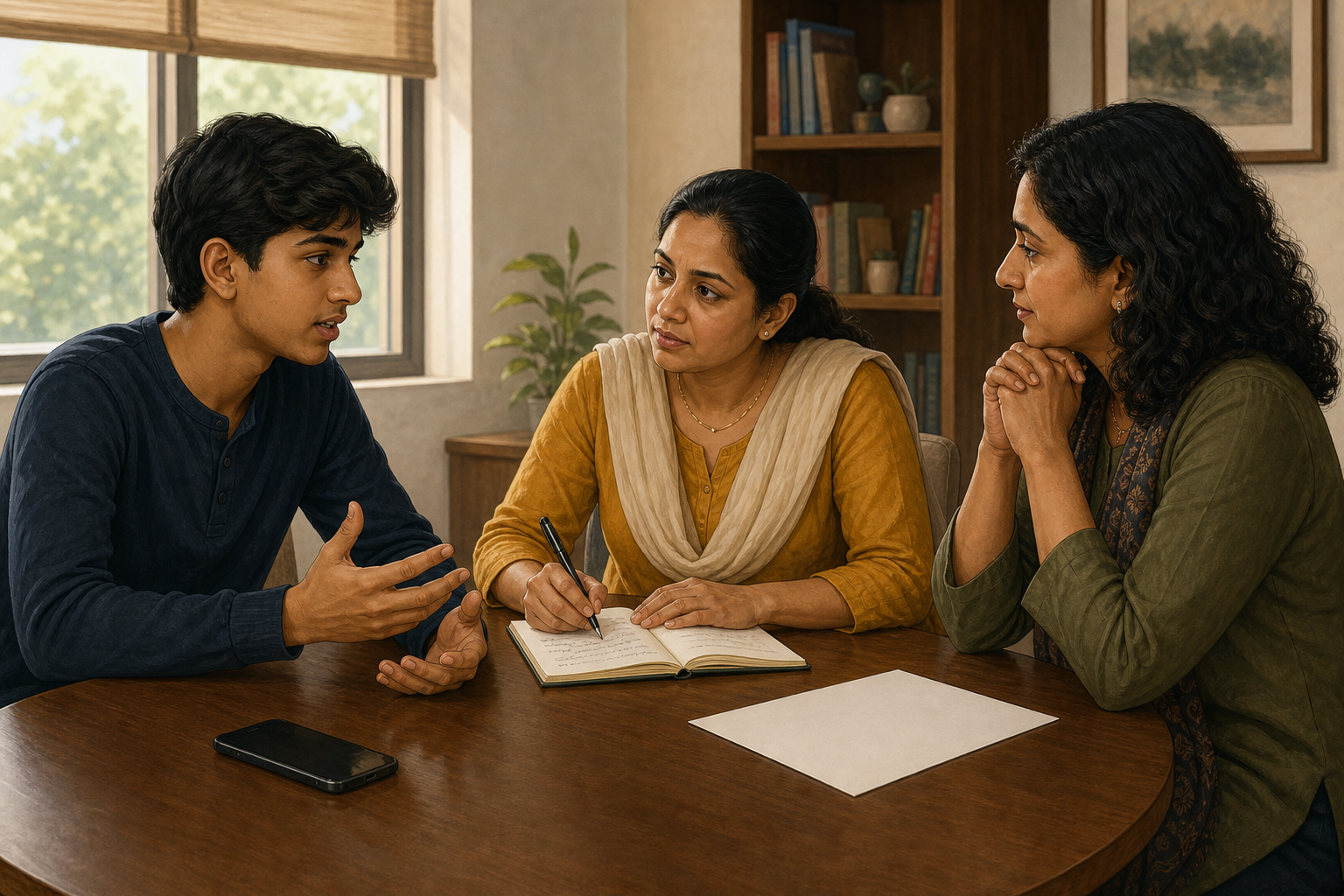 A student speaks with a parent and counselor at a table while the parent takes notes and a phone rests face down nearby.