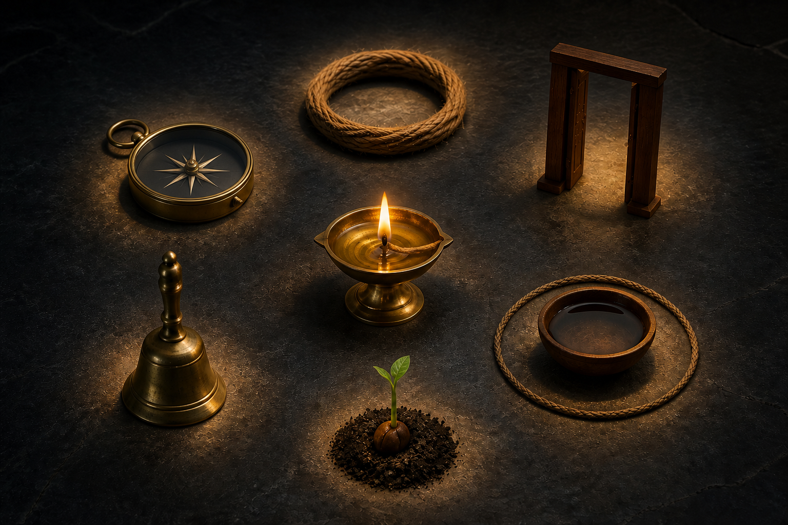 Six objects surround a lit brass lamp: a compass, woven thread, doorway-shaped frame, hand bell, corded bowl, and germinating seed.