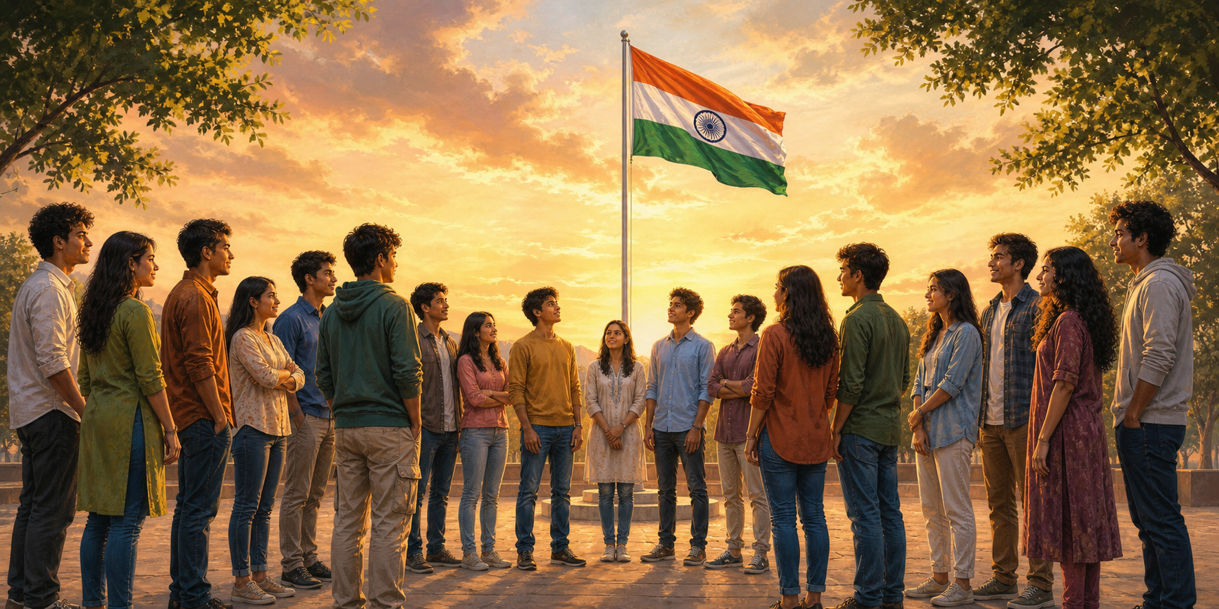 Students in varied clothing stand together in a college courtyard around the Indian flag at sunset.