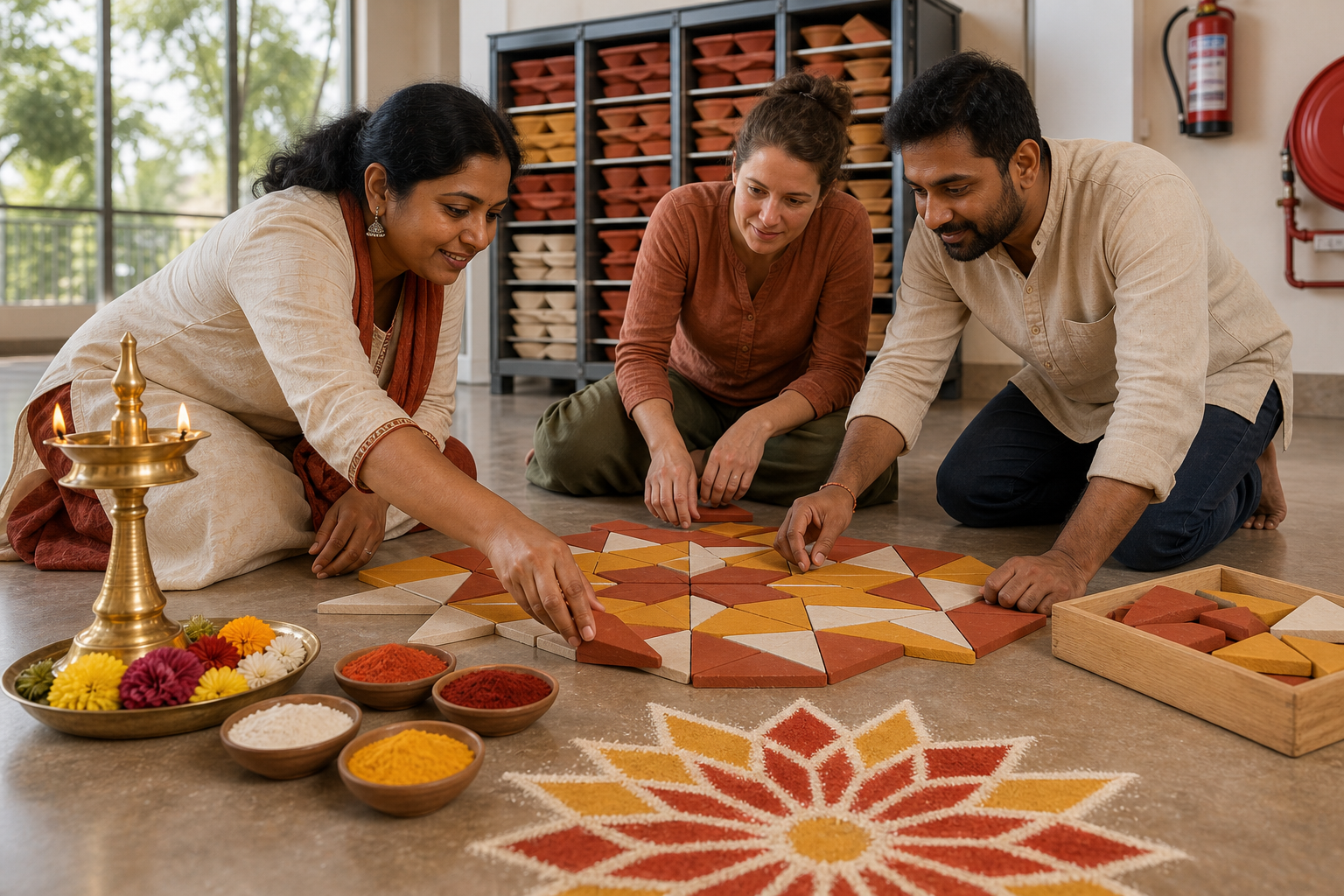A facilitator and two participants create a geometric ritual floor design with reusable clay tiles beside bowls of colored natural powder in a modern hall.