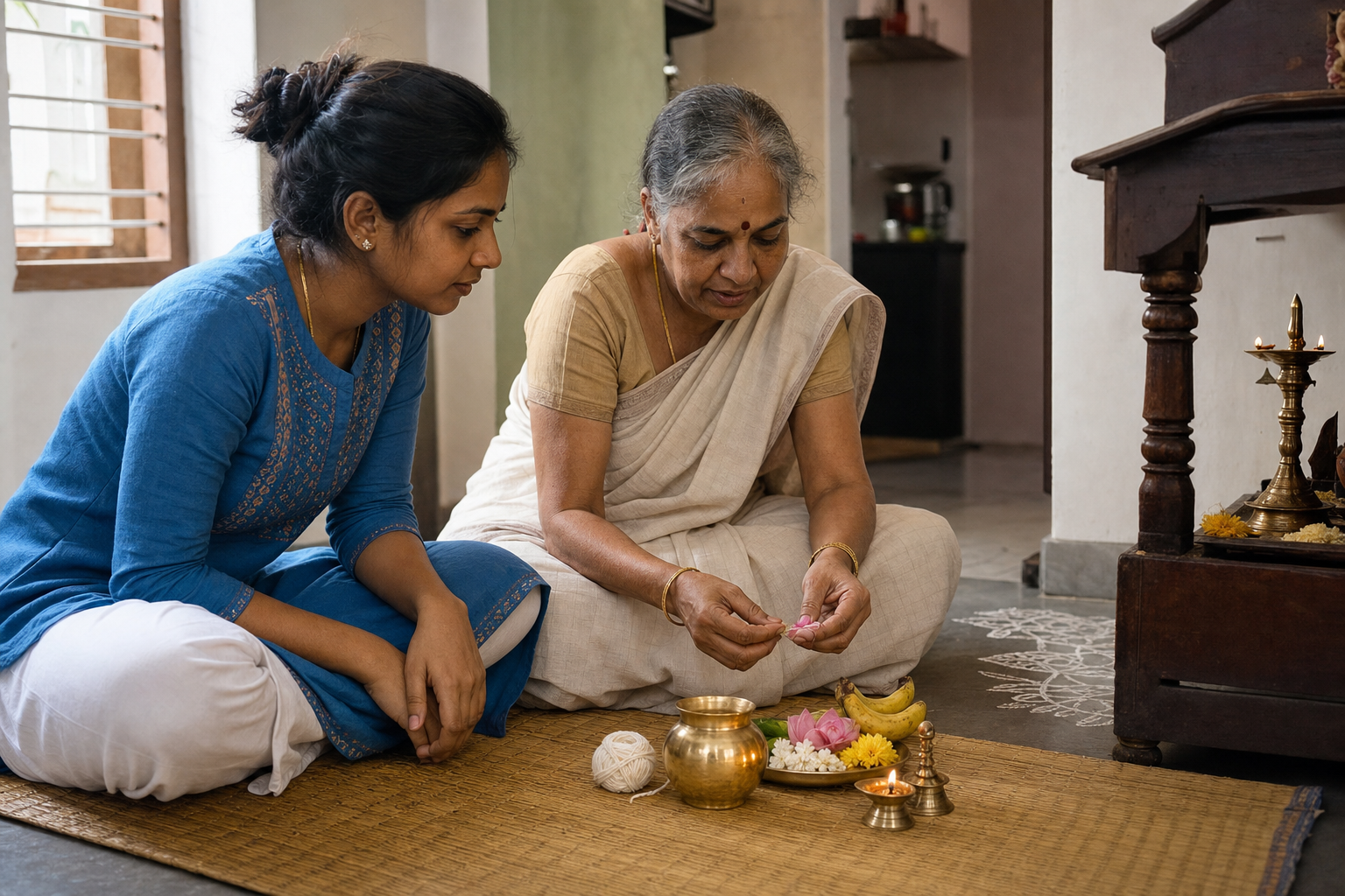 An older family practitioner shows a younger adult how to arrange flowers, fruit, a brass vessel, cotton thread, and a lamp for a household vrata.