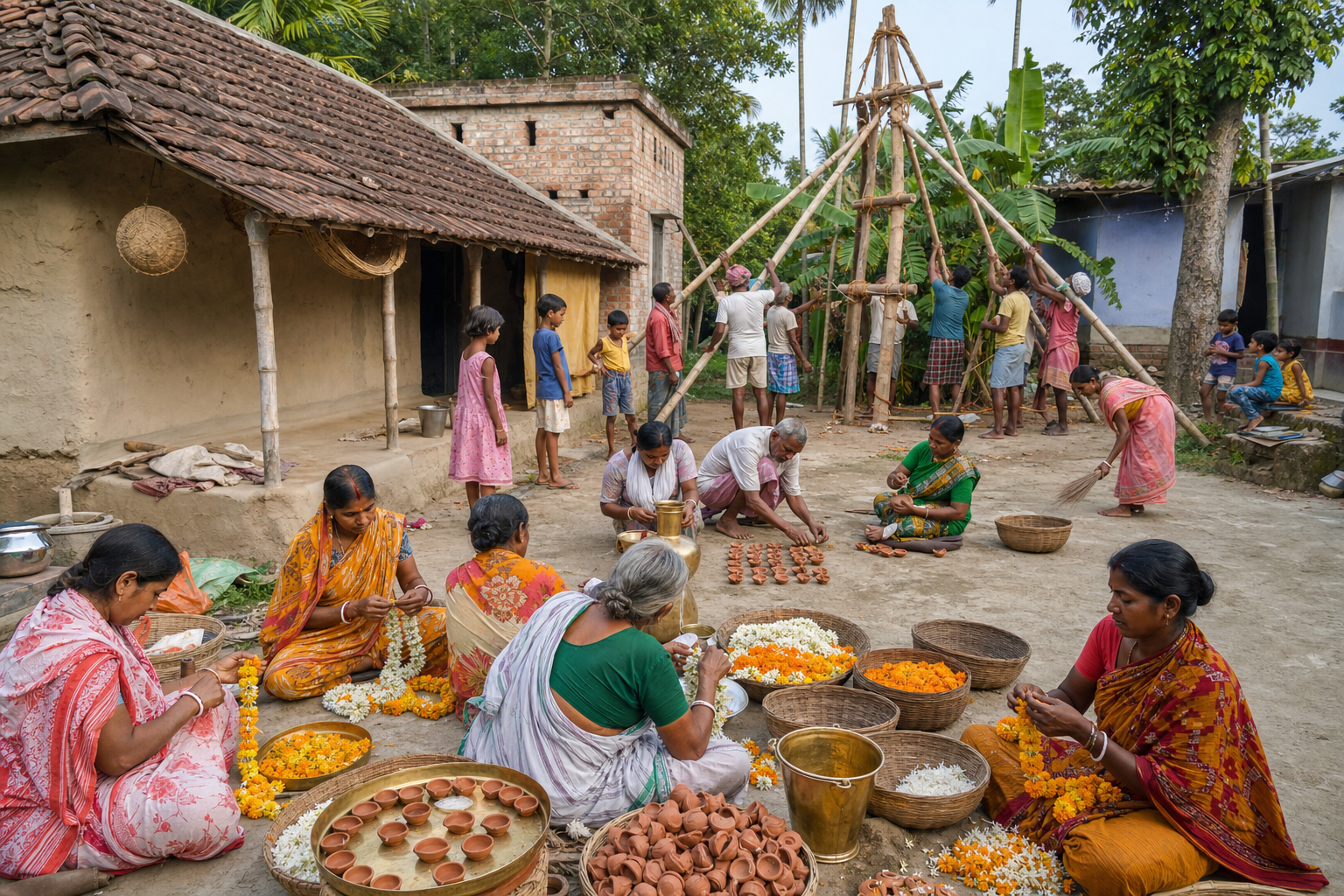Village residents prepare garlands, lamps, food, and a Charak structure together in a shared rural Bengal courtyard.