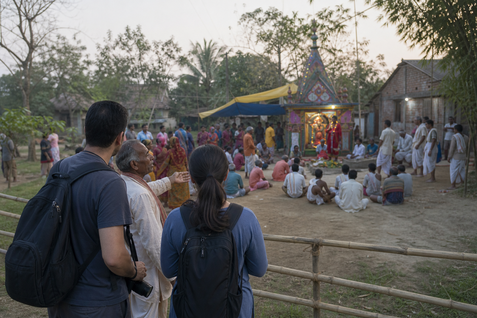 Visitors remain behind a bamboo boundary while village residents participate in a Gajan ceremony near a shrine.