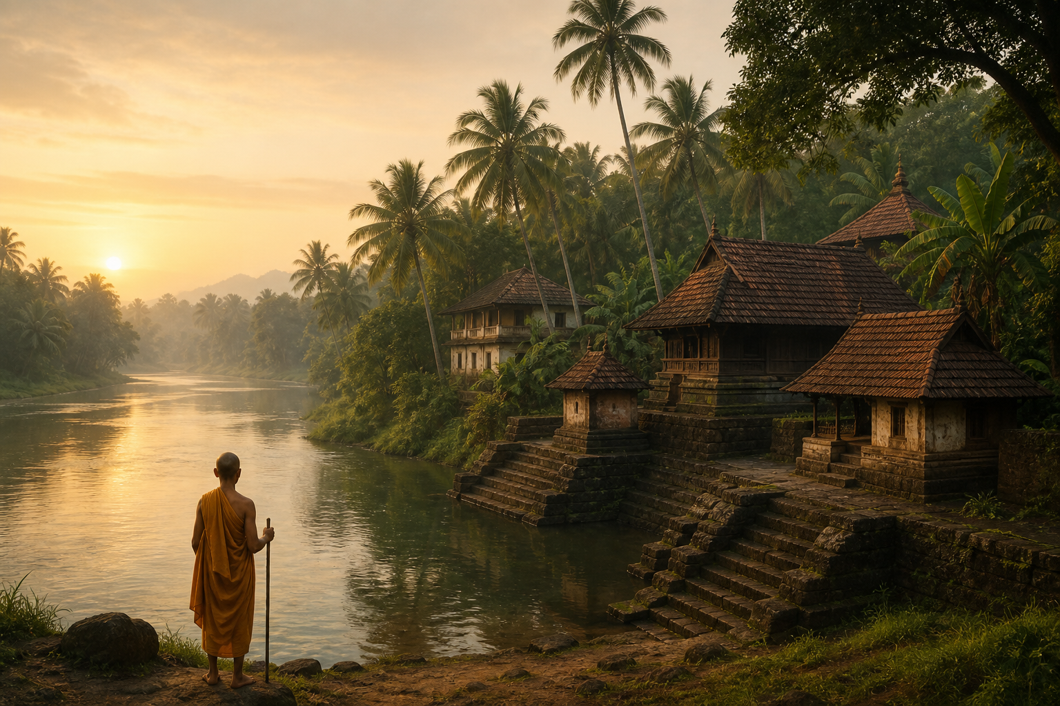 A young ochre-robed renunciant stands beside a misty river near a traditional Kerala house and temple complex surrounded by coconut palms.