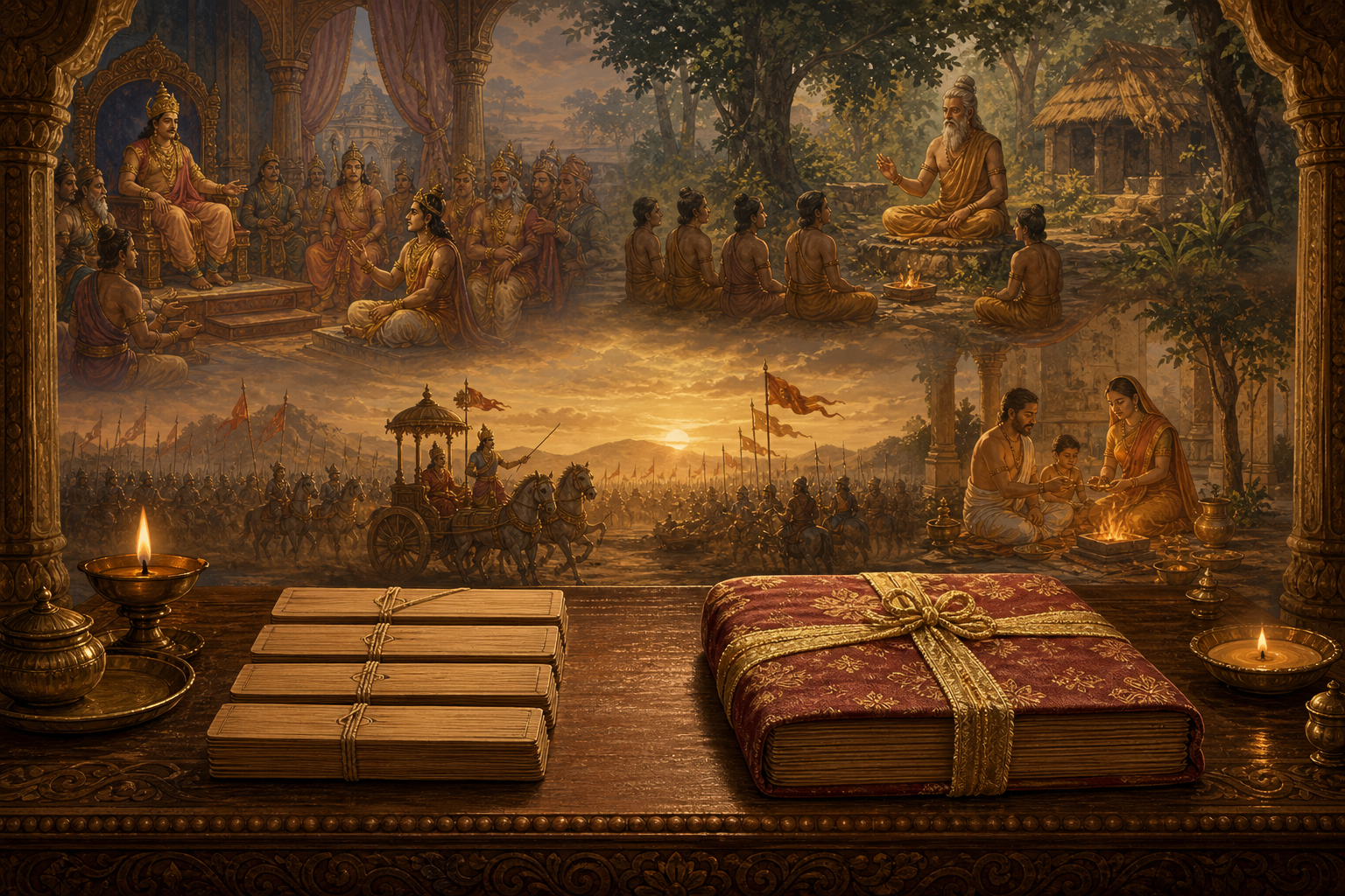 Closed palm-leaf manuscript bundles arranged separately on a wooden table before layered scenes of an ancient Indian court, forest hermitage, battlefield, and household ritual.