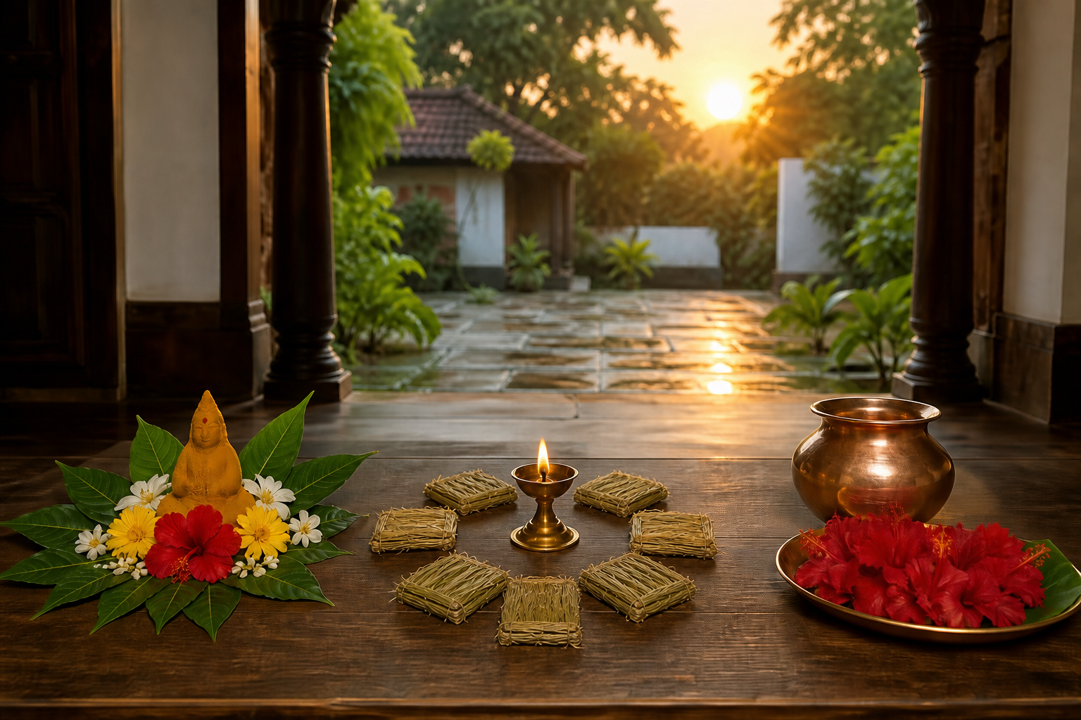 Three separate devotional arrangements show a turmeric Gauri form, seven kusa-grass seats around a lamp, and a copper water vessel facing the rising sun.