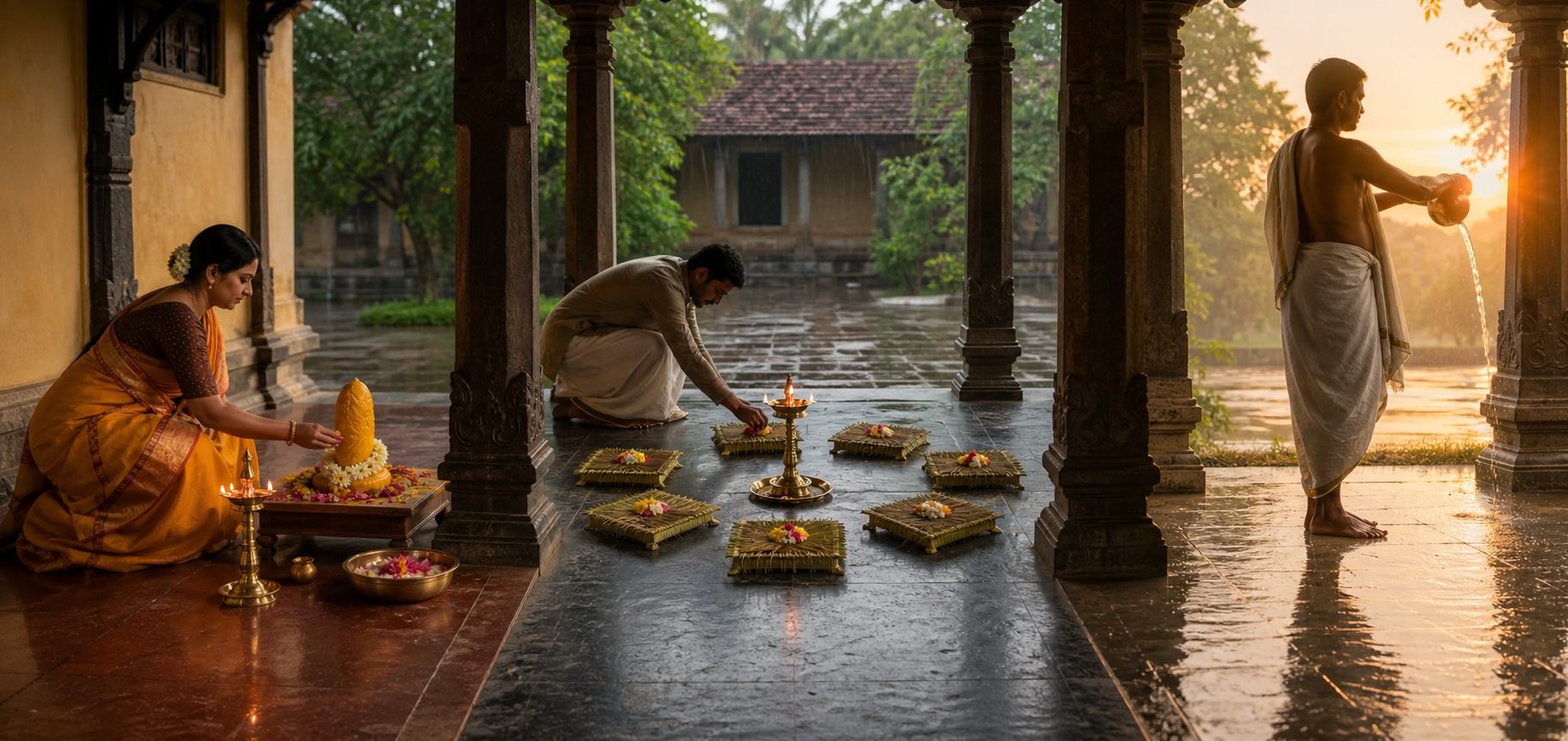 Three separated courtyard scenes depict Gauri worship, an offering beside seven sage seats, and a water offering toward the morning sun.